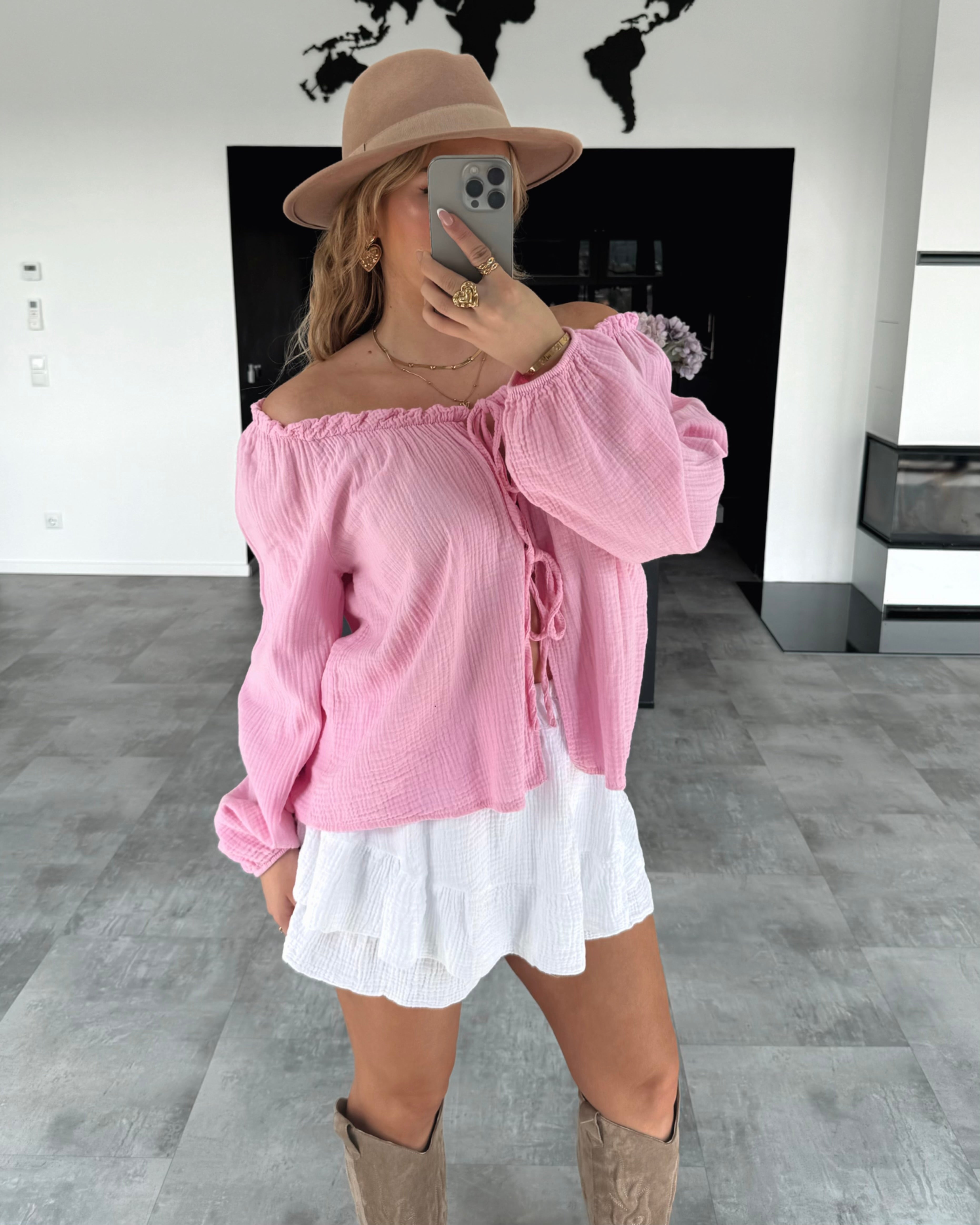 Musselin Knoten-Bluse "Kristin" Bubblegum Rosa