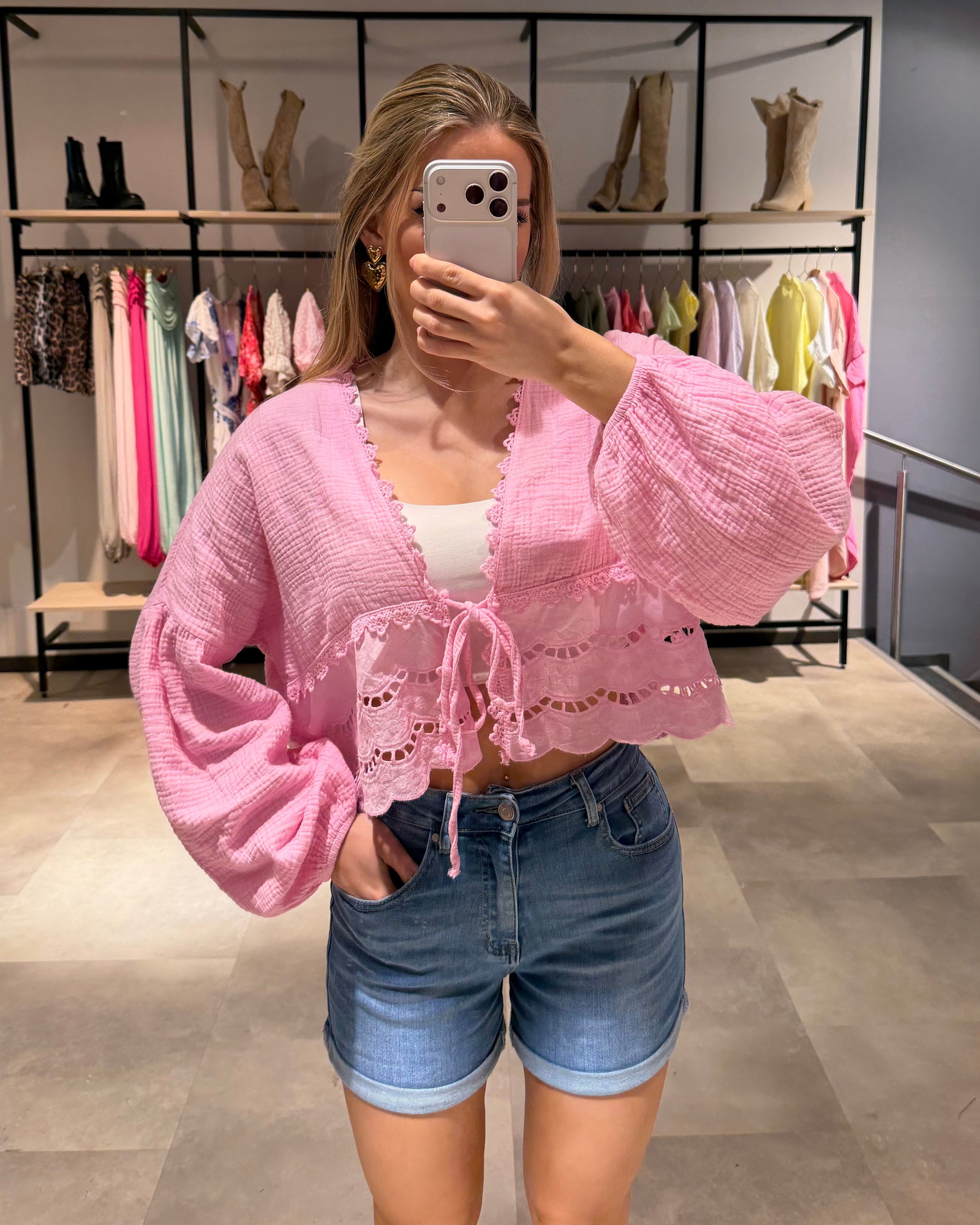 Musselin Knoten-Bluse "Emmi" Bubblegum Rosa