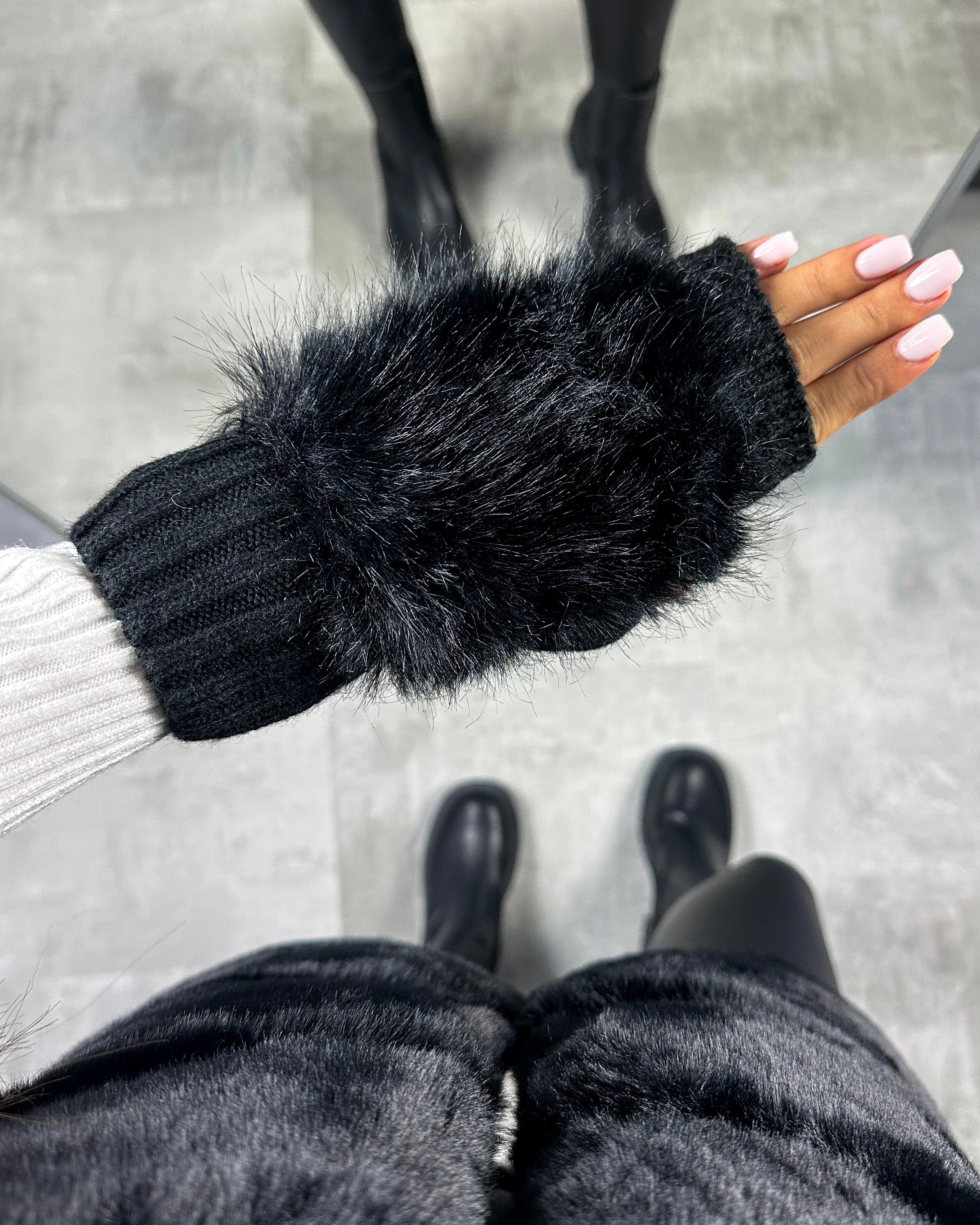 Faux Fur Fingerlose Handschuhe Schwarz