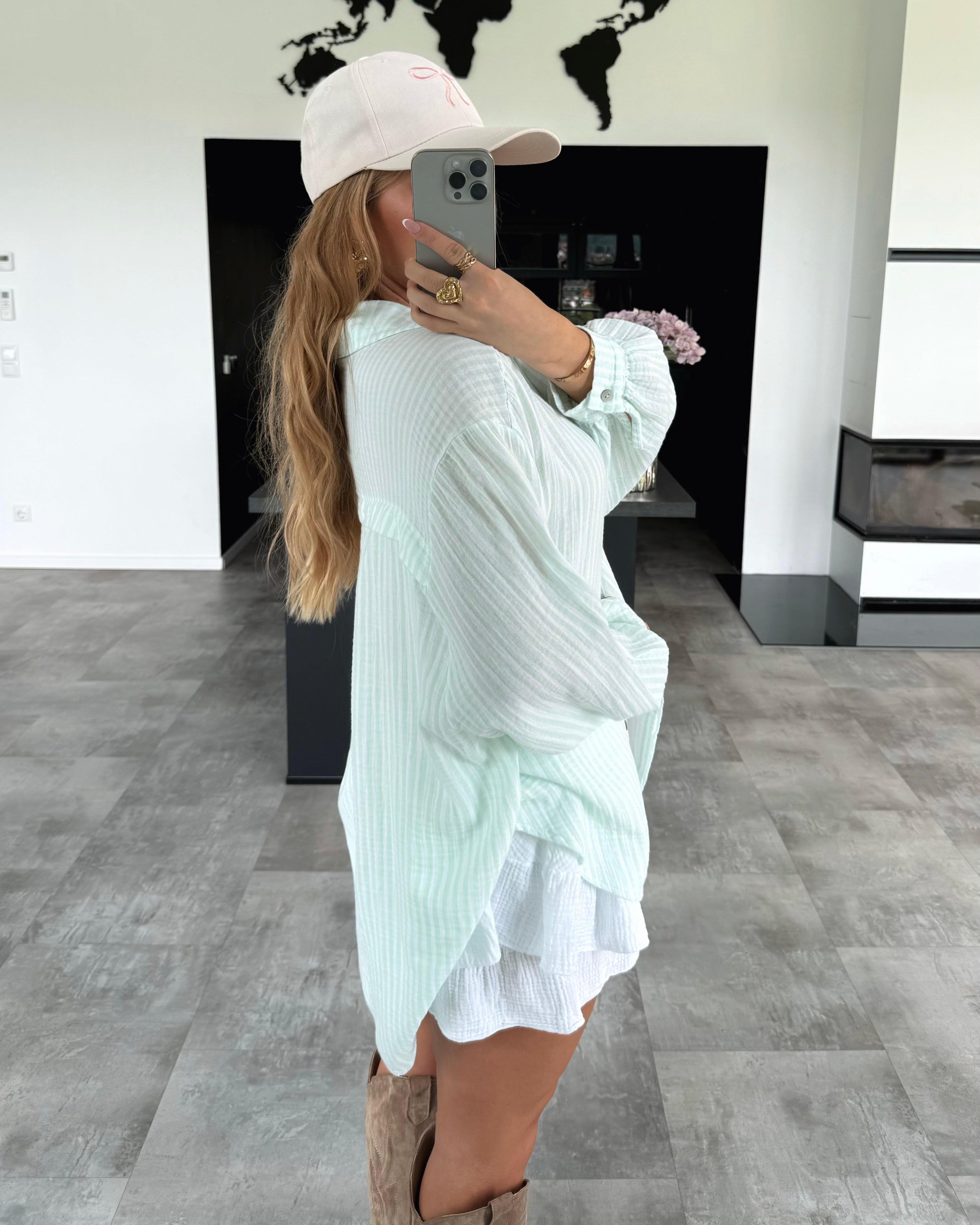 Musselin Bluse "Stripes" Kurz Hellgrün