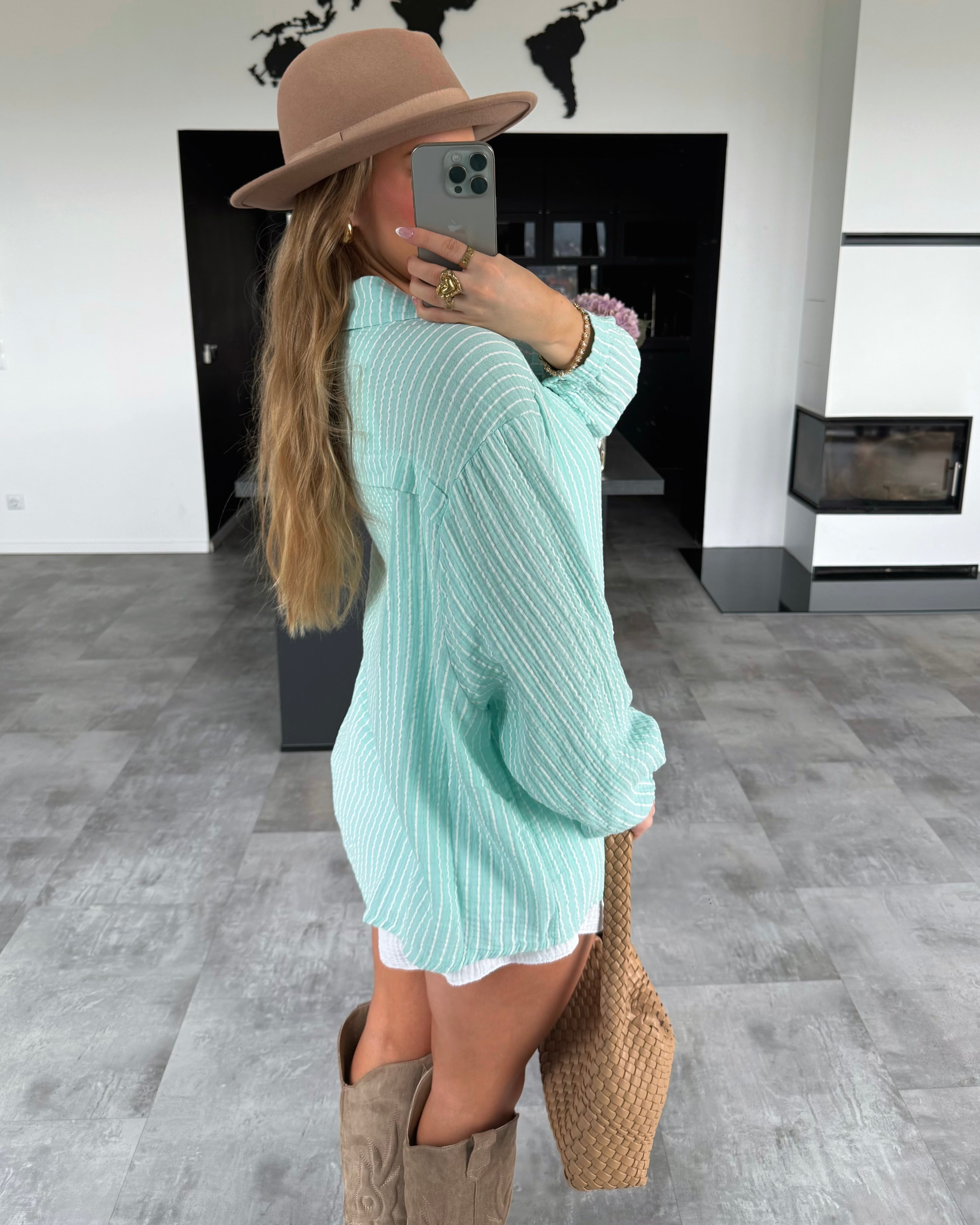 Musselin Bluse "Stripes" Kurz Mint