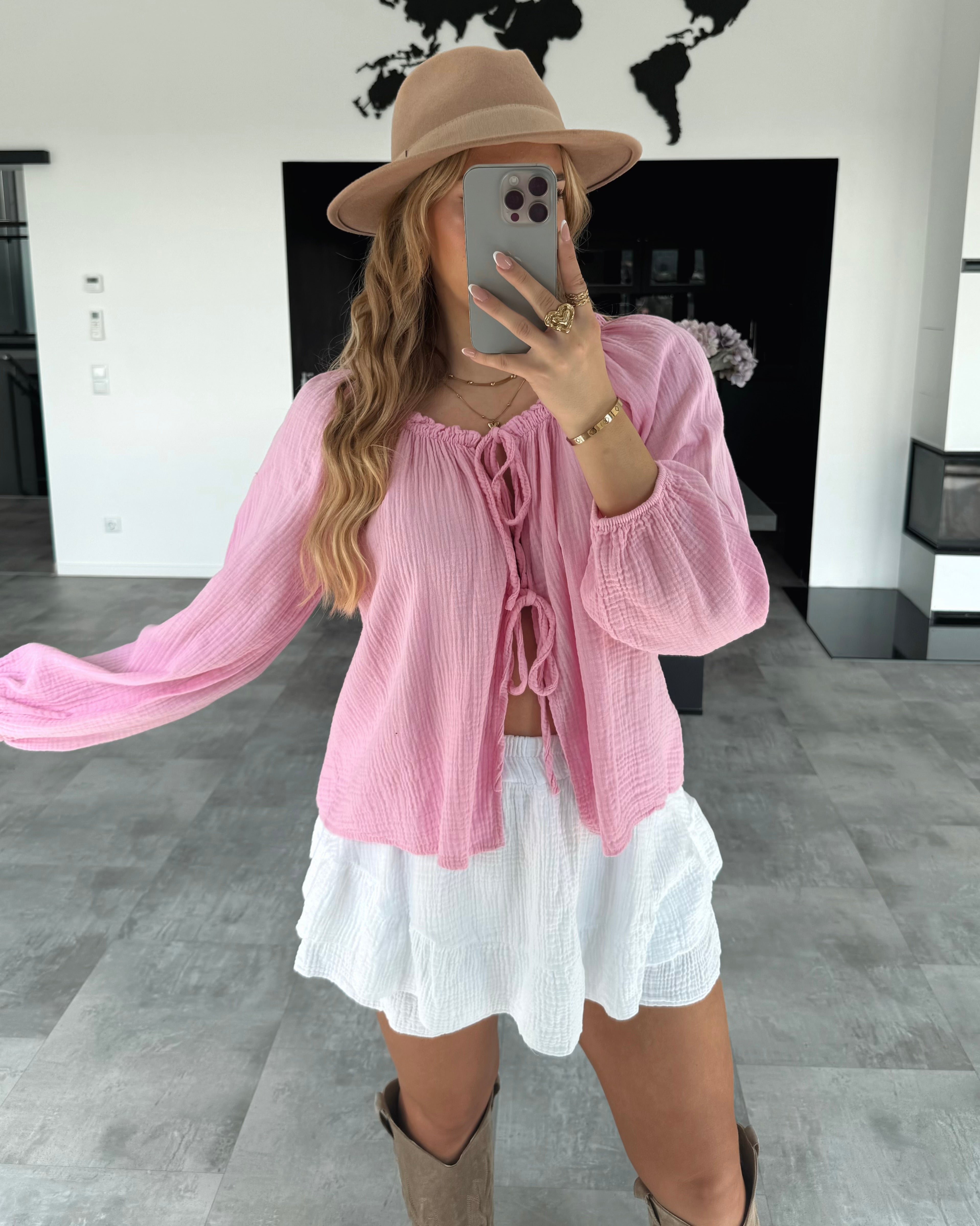 Musselin Knoten-Bluse "Kristin" Bubblegum Rosa
