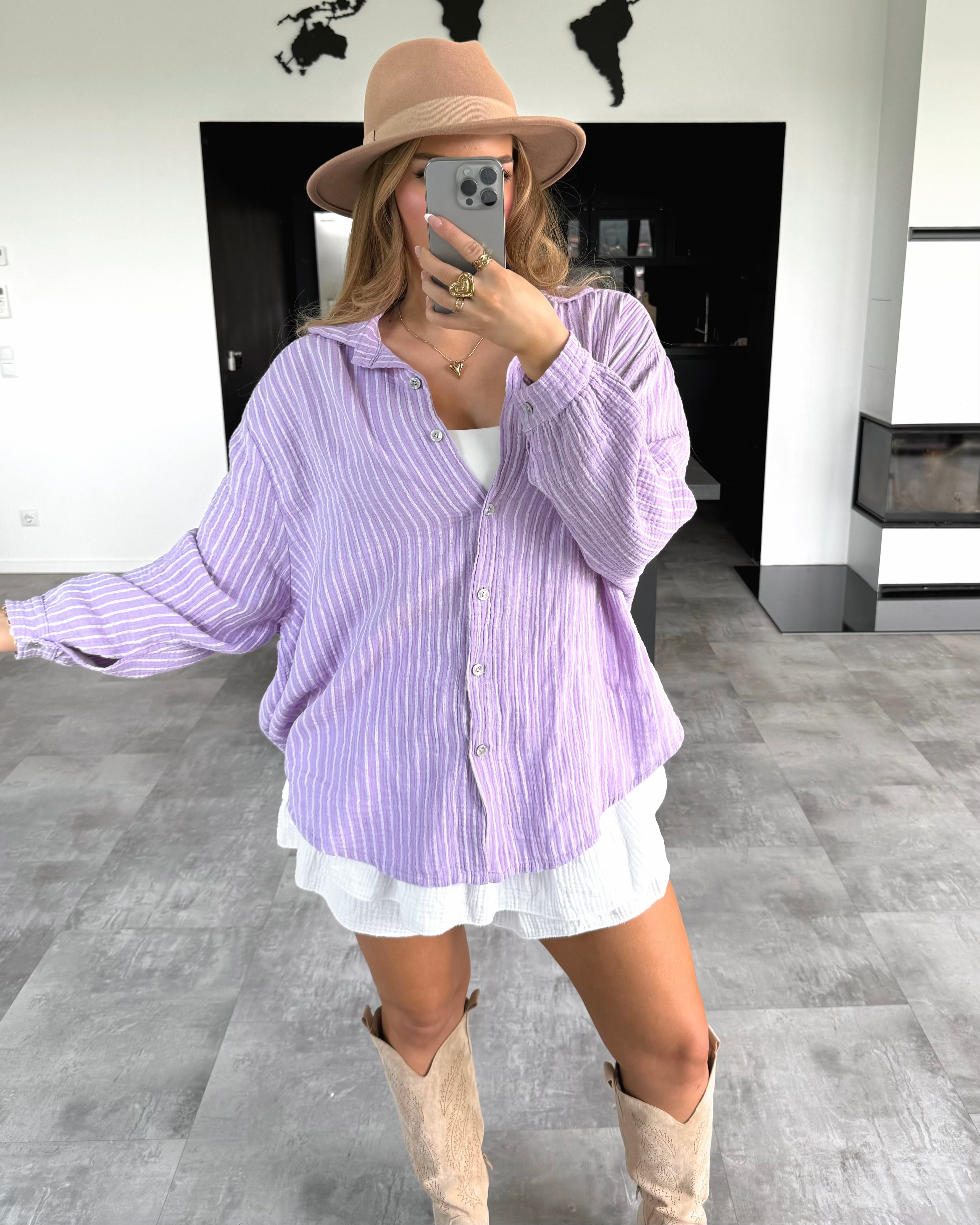 Musselin Bluse "Stripes" Kurz Flieder