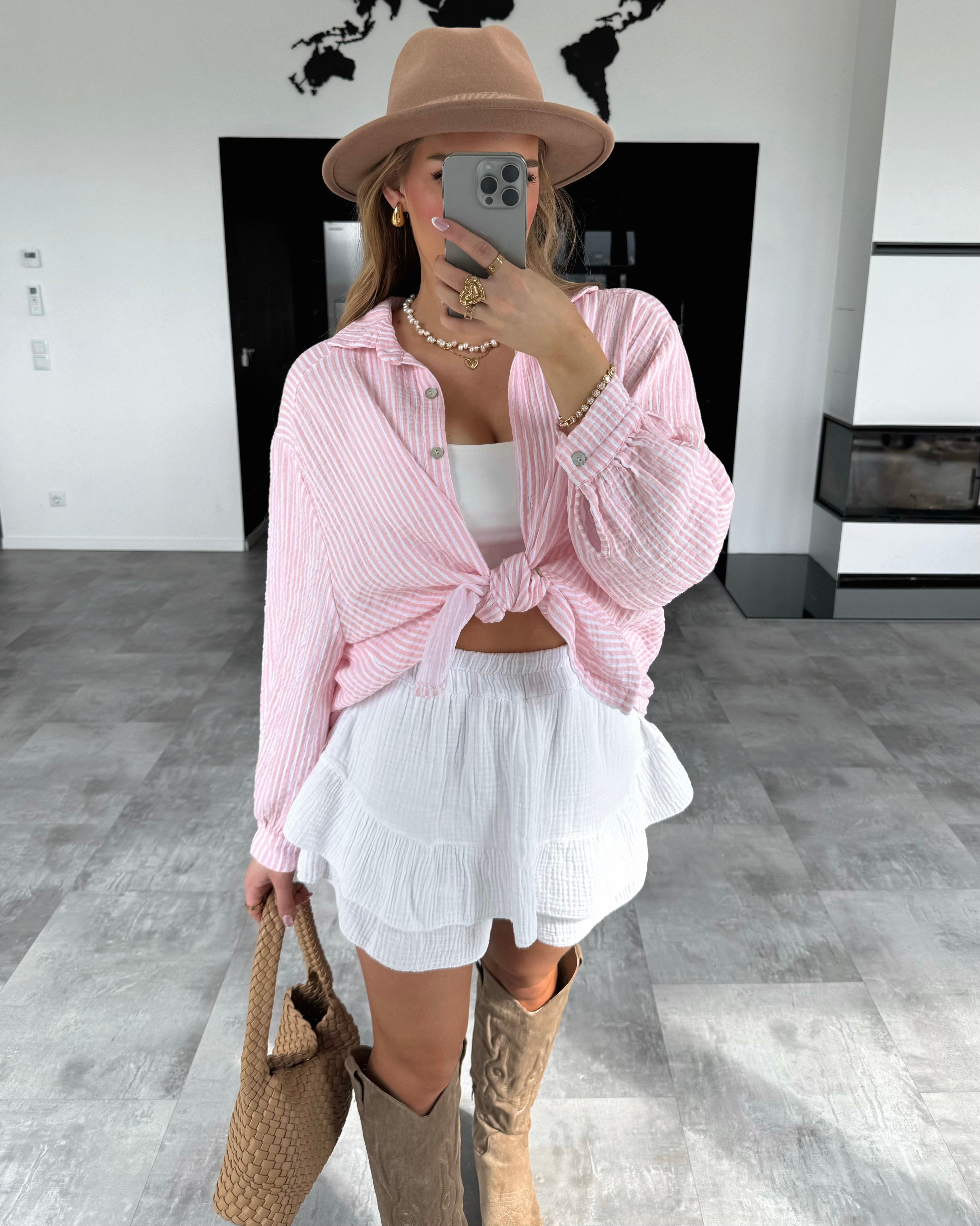 Musselin Bluse "Stripes" Kurz Rosa