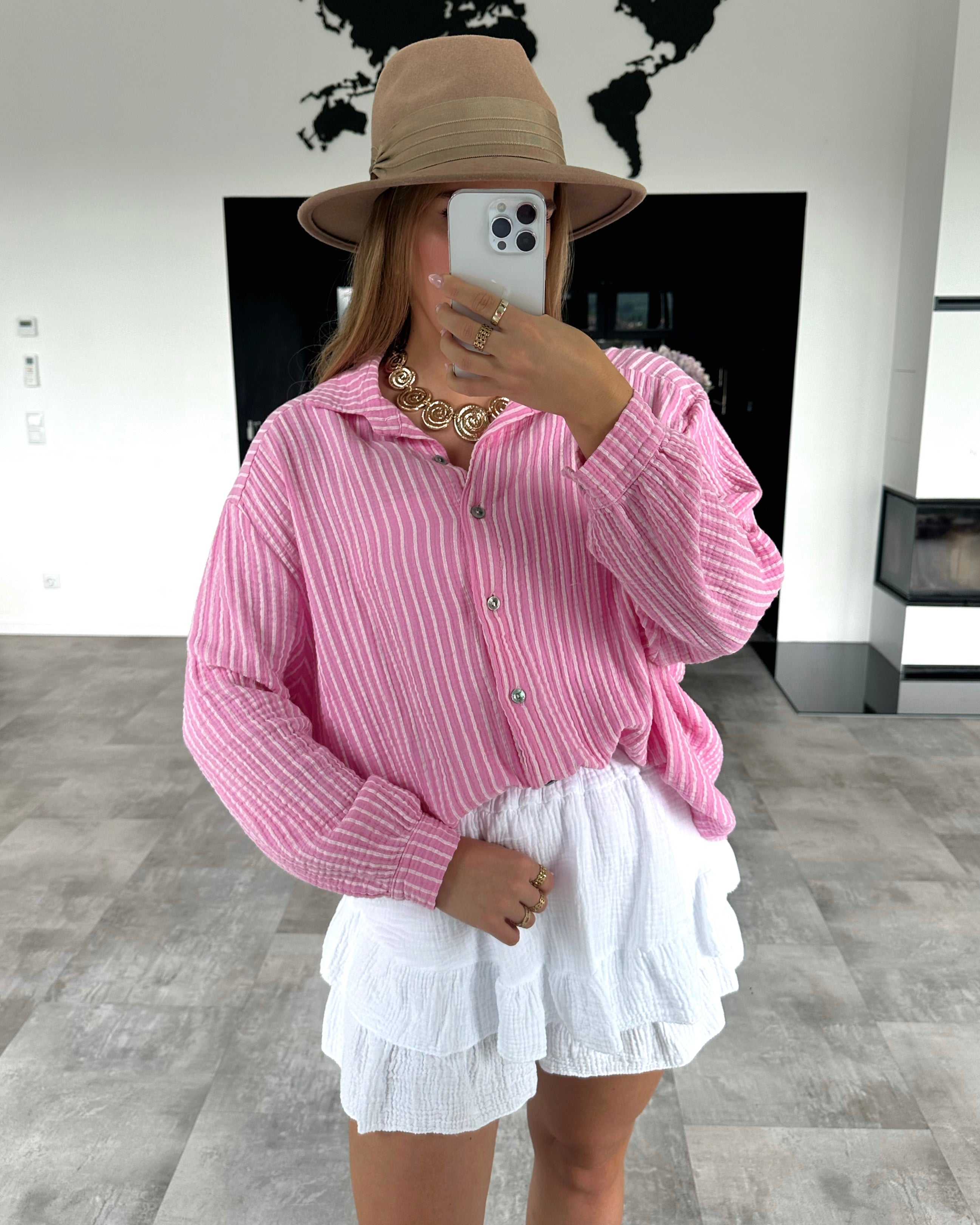 Musselin Bluse "Stripes" Kurz Bubblegum Rosa