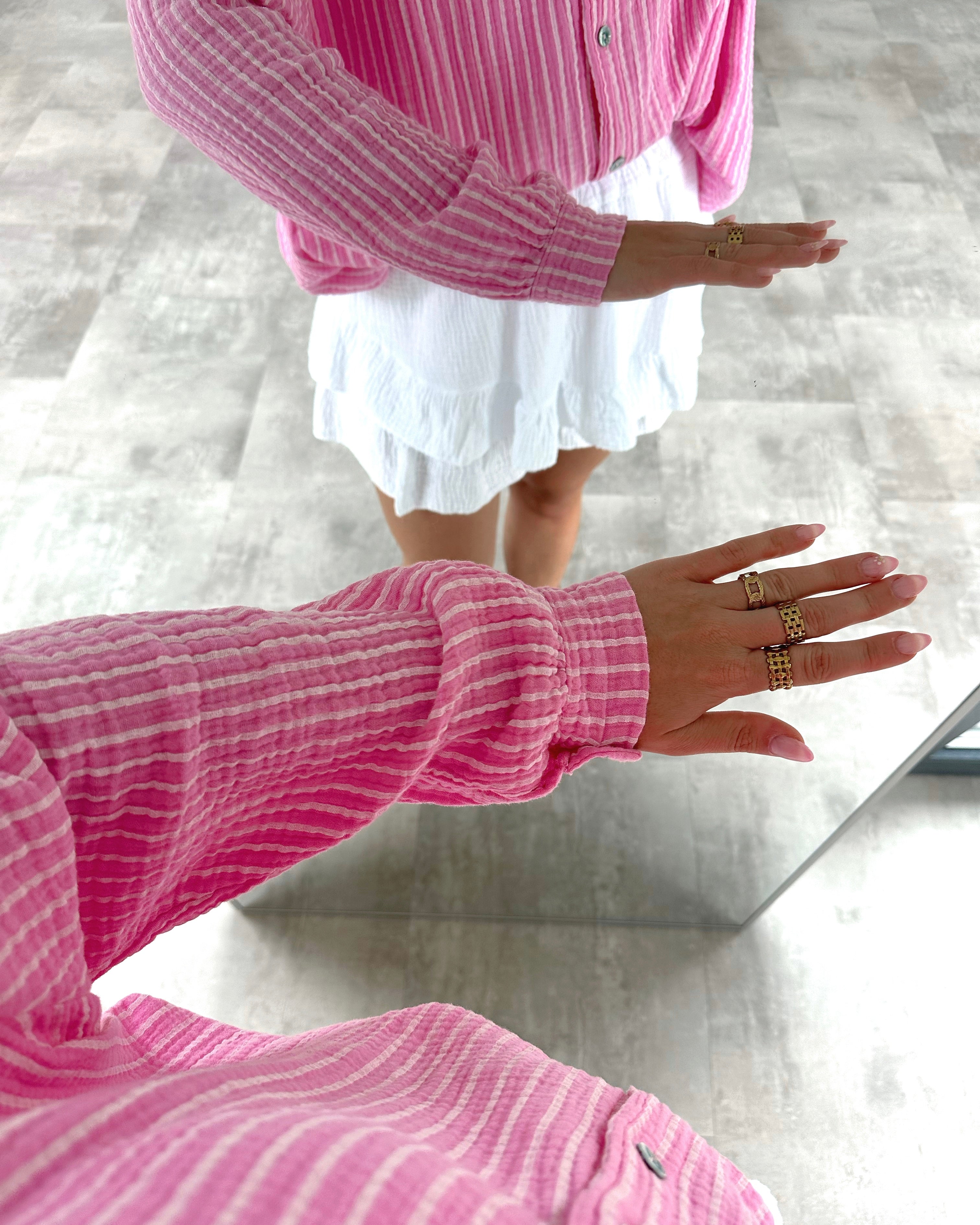 Musselin Bluse "Stripes" Kurz Bubblegum Rosa
