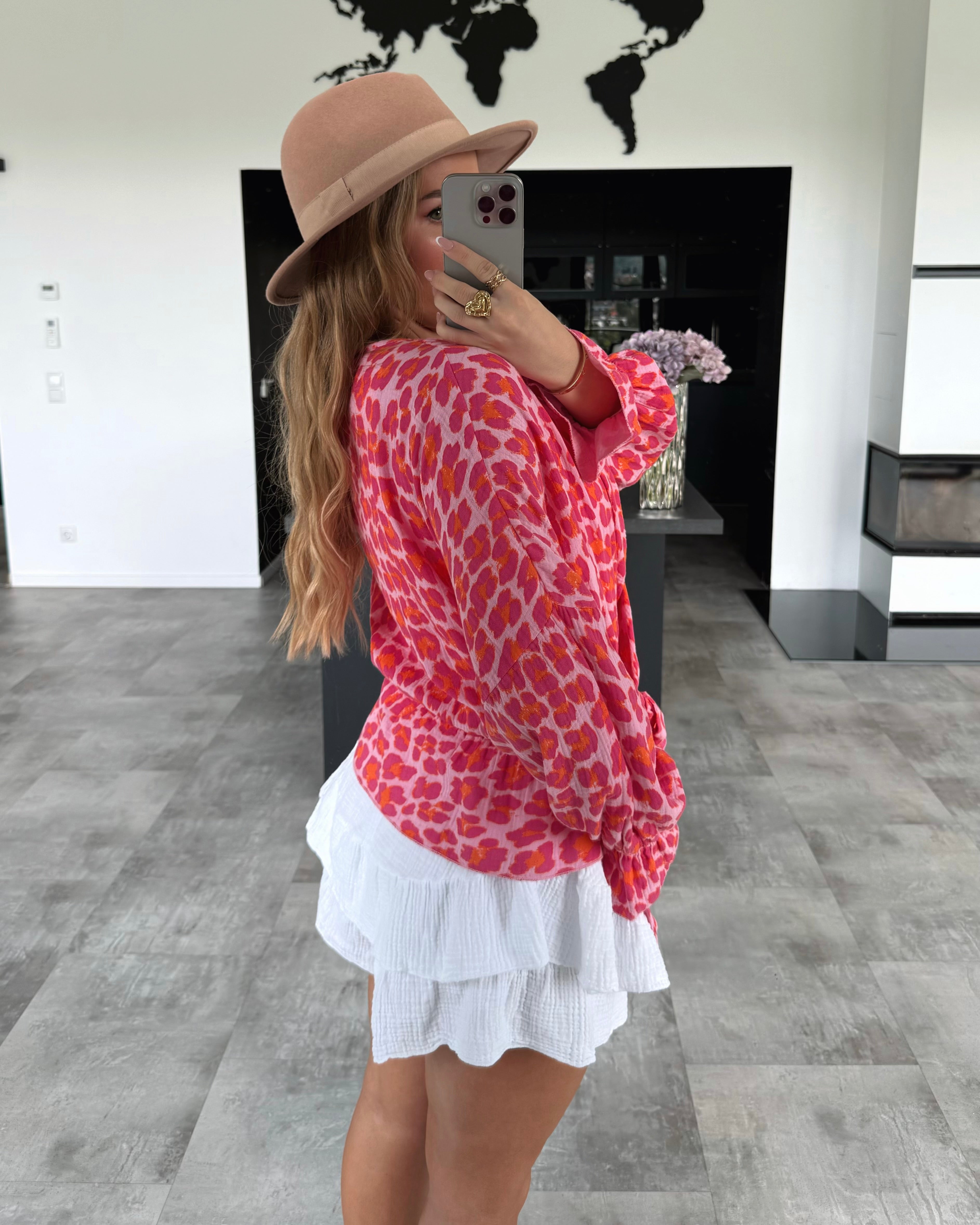 Musselin Wickel-Bluse "Nessi" Leo Pink-Orange