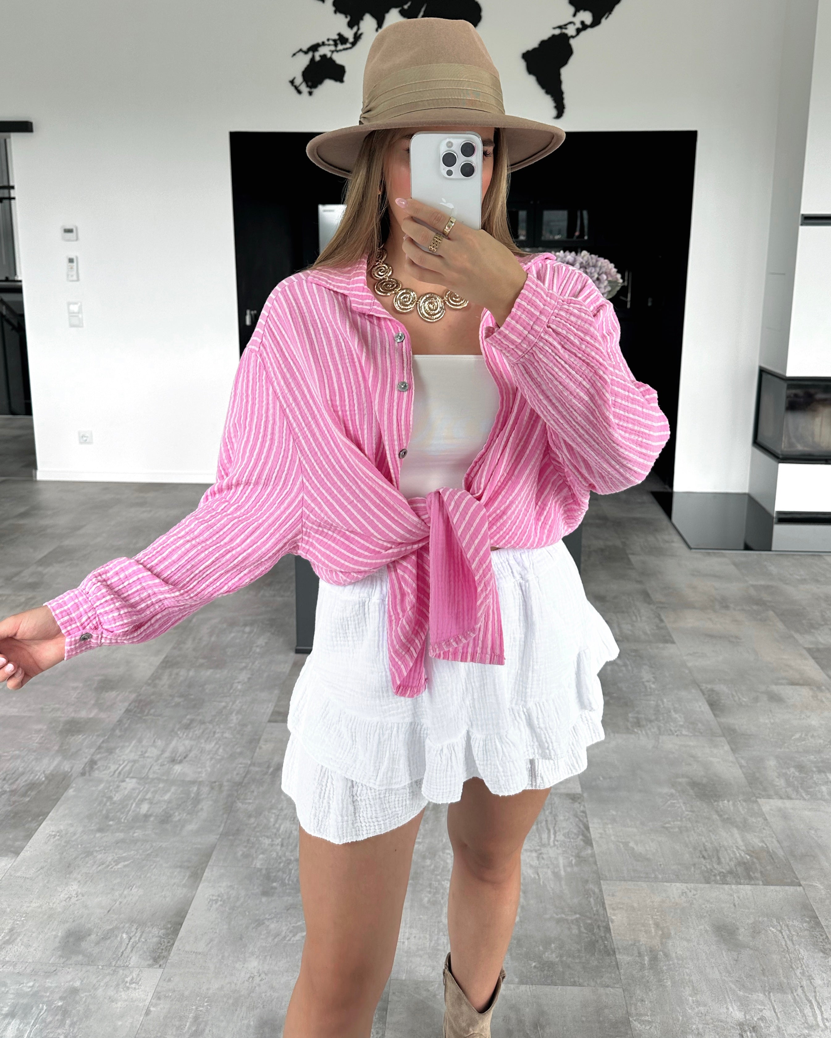 Musselin Bluse "Stripes" Kurz Bubblegum Rosa