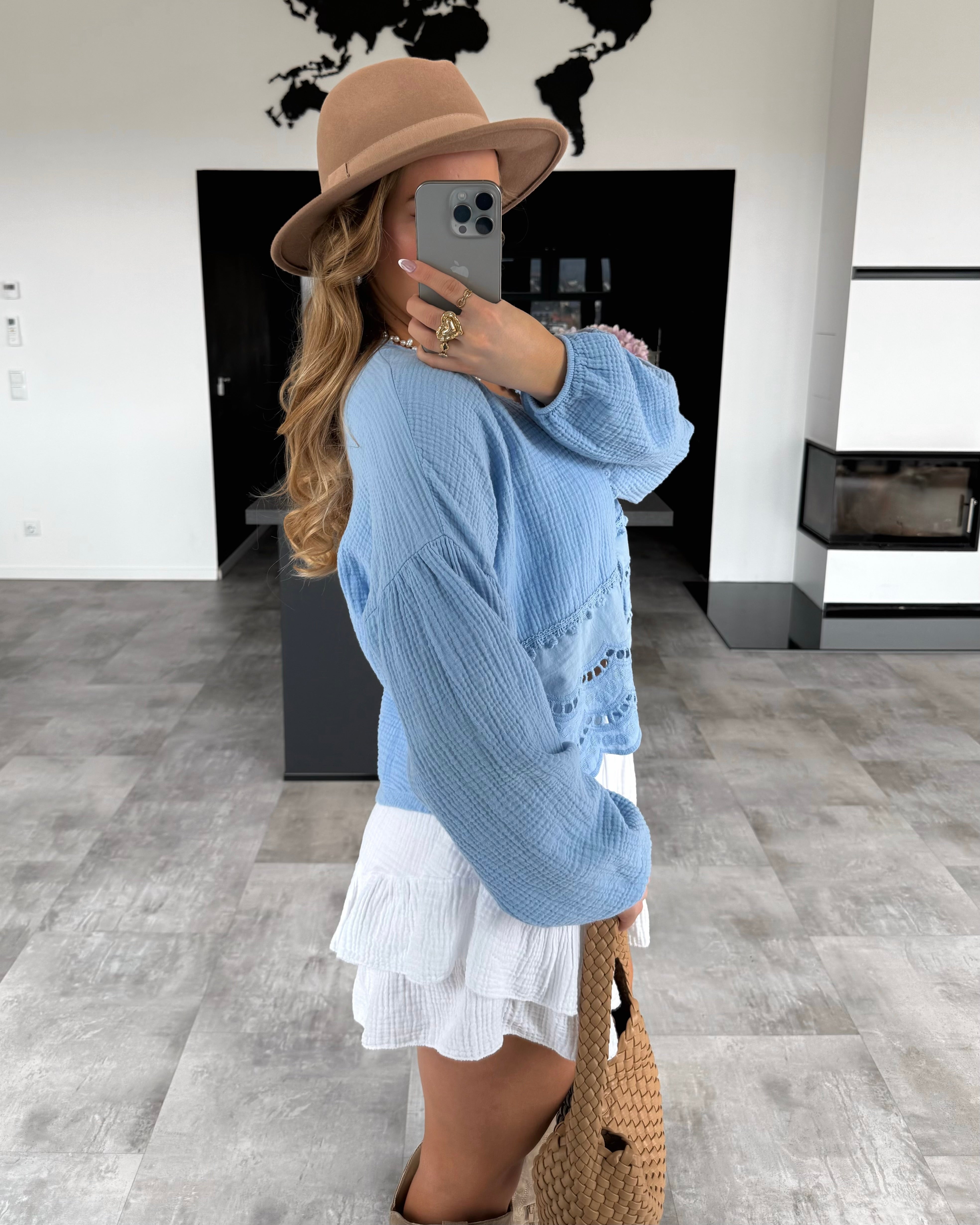 Musselin Knoten-Bluse "Emmi" Hellblau
