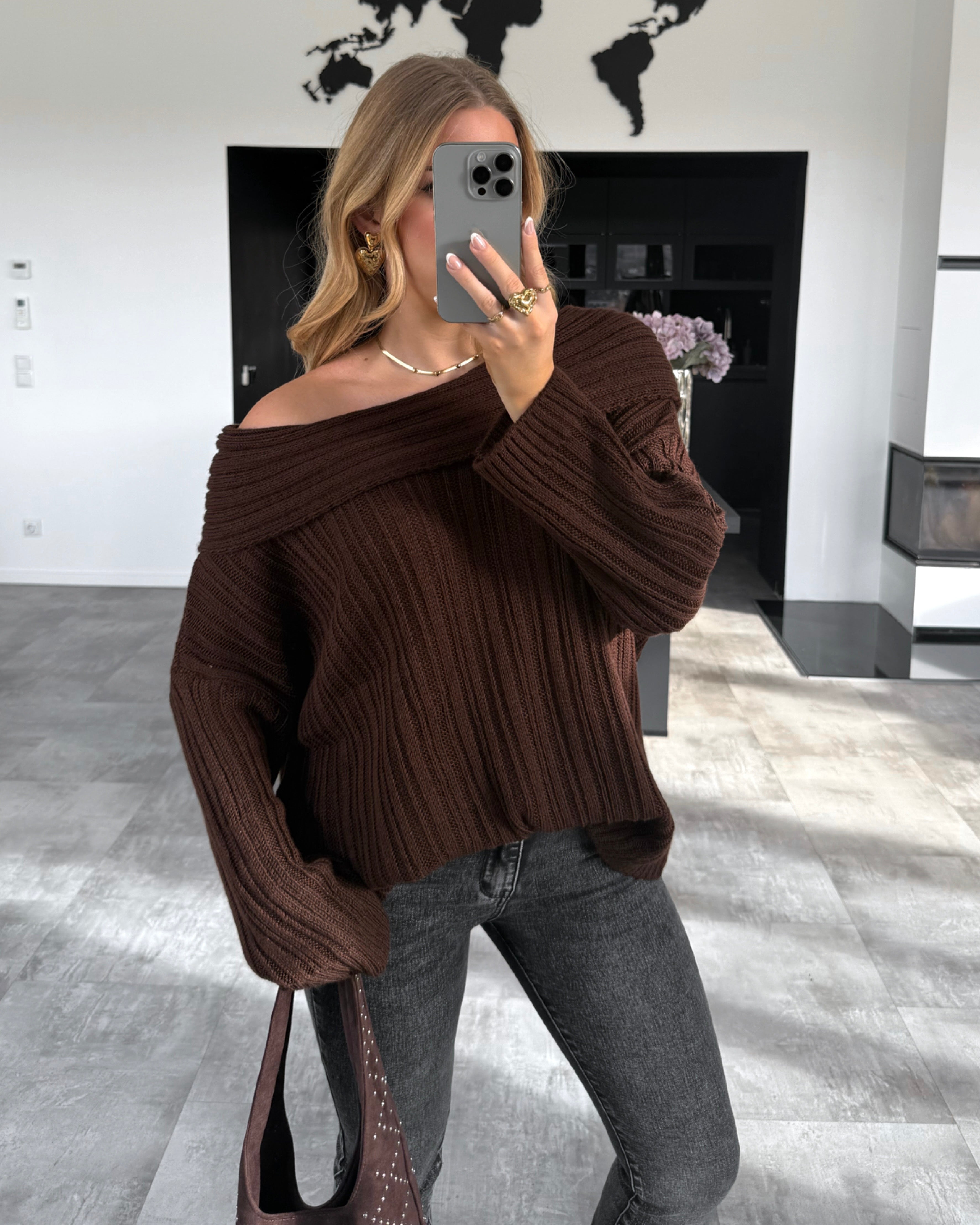 Off-Shoulder Strickpullover "Ivy" Chocolate
