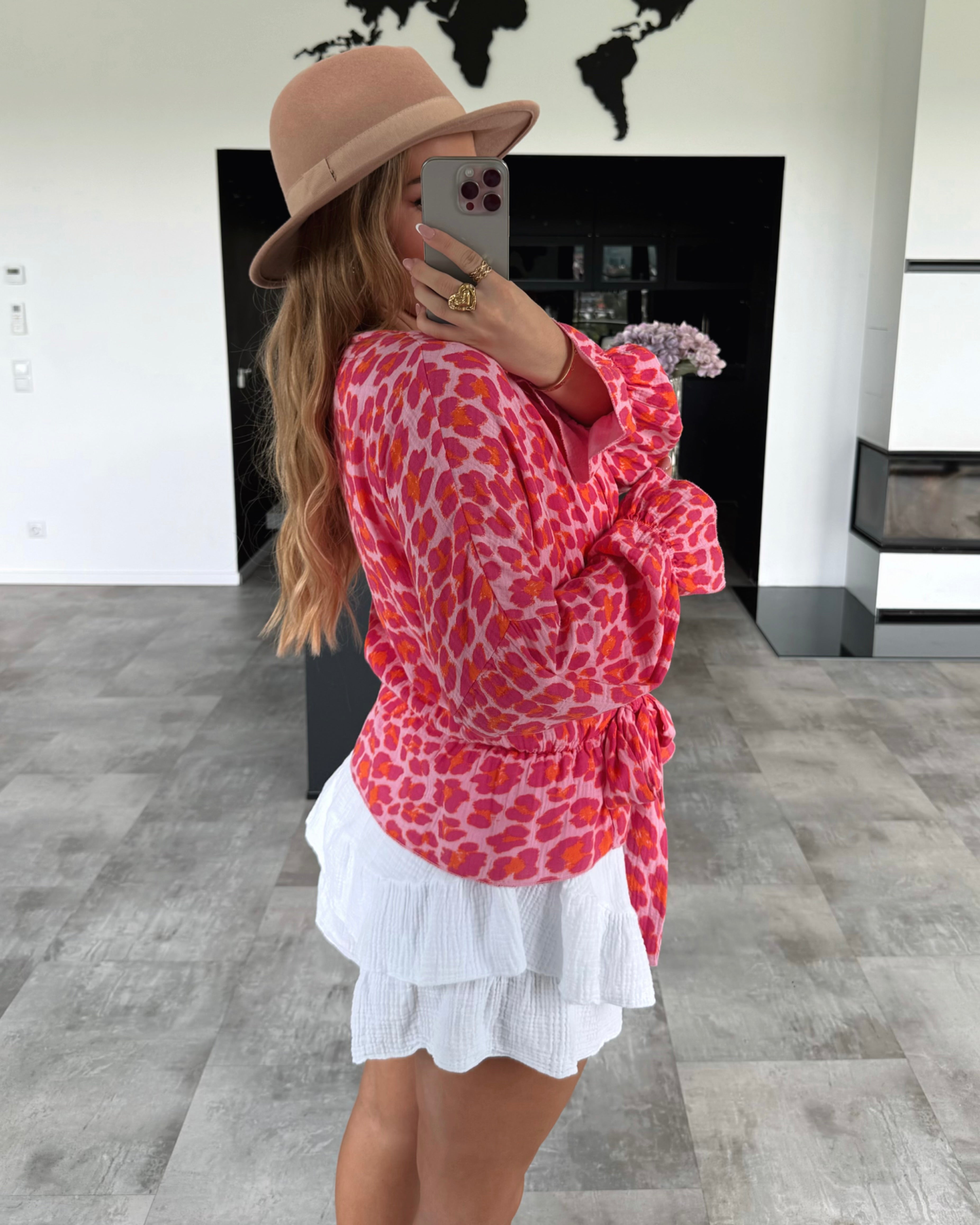 Musselin Wickel-Bluse "Nessi" Leo Pink-Orange