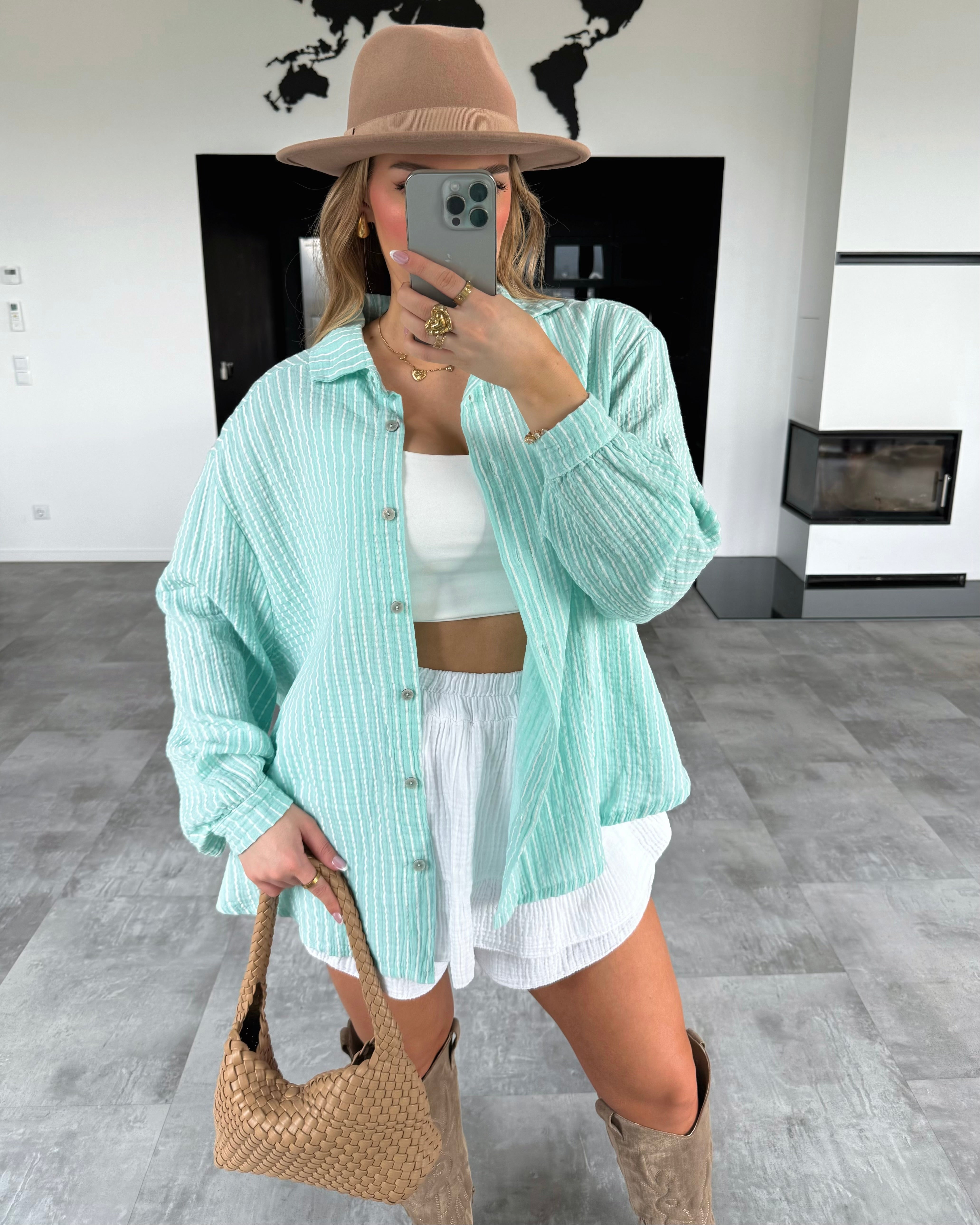 Musselin Bluse "Stripes" Kurz Mint