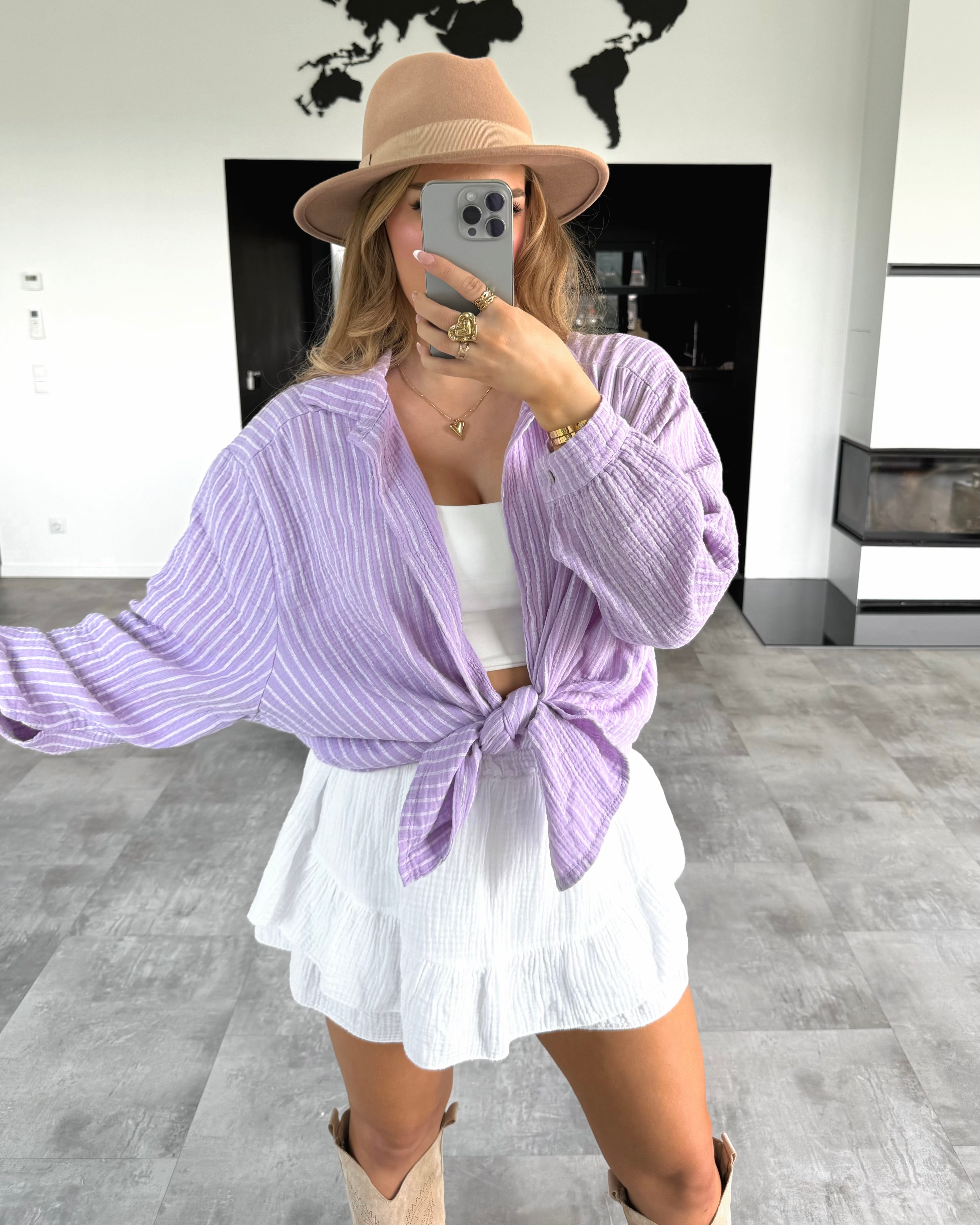 Musselin Bluse "Stripes" Kurz Flieder