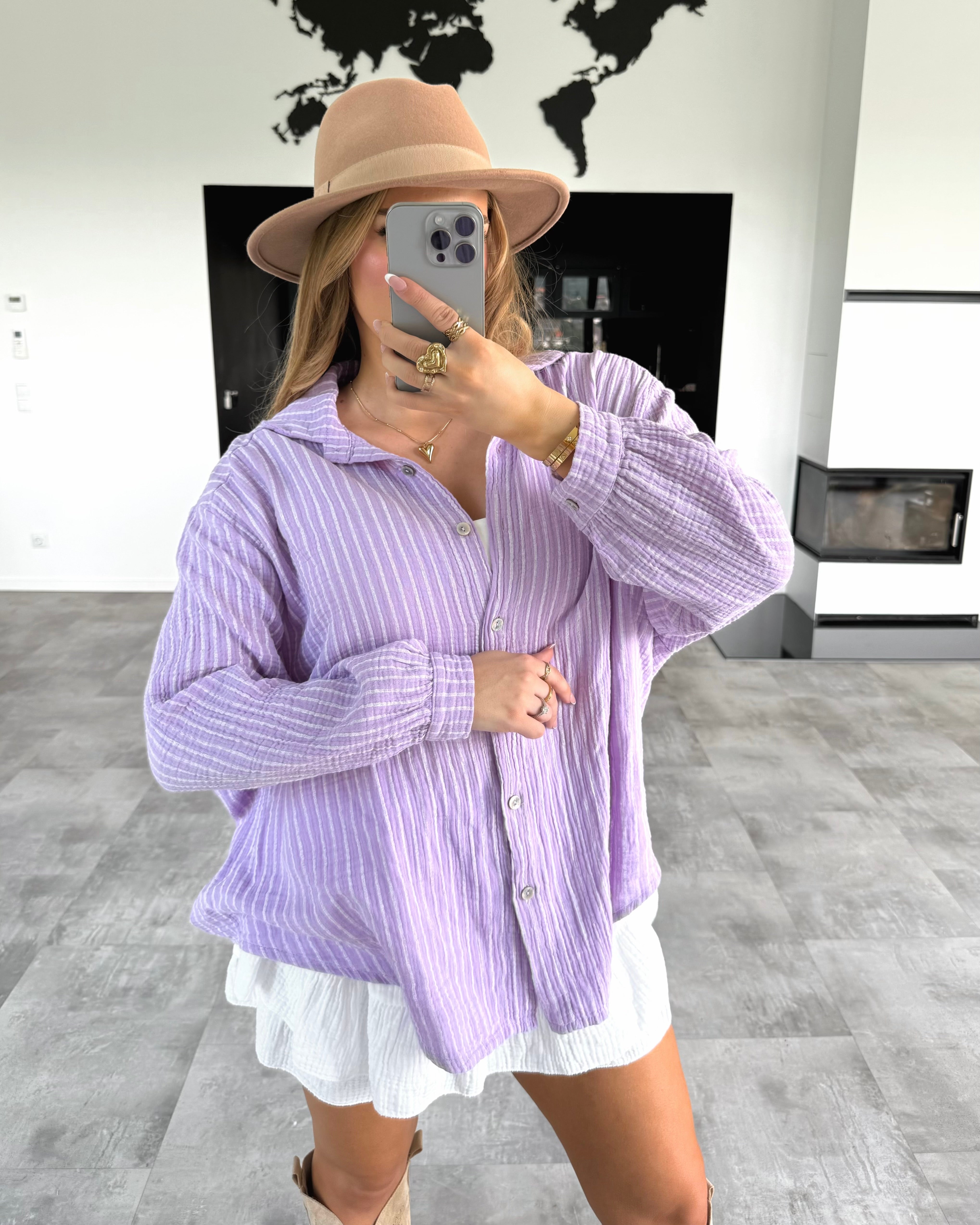 Musselin Bluse "Stripes" Kurz Flieder