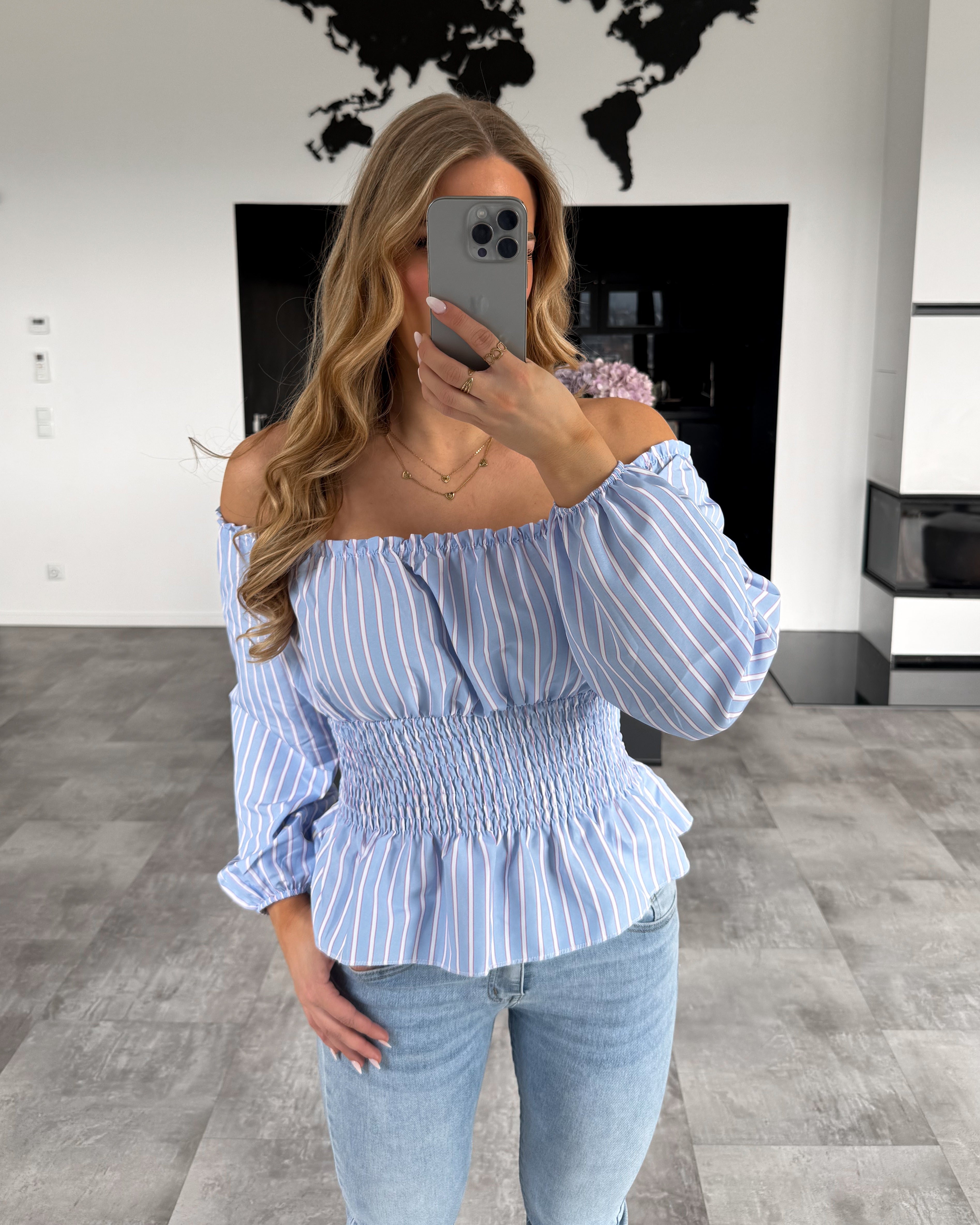Off-Shoulder Streifen Bluse “Destina“ Hellblau