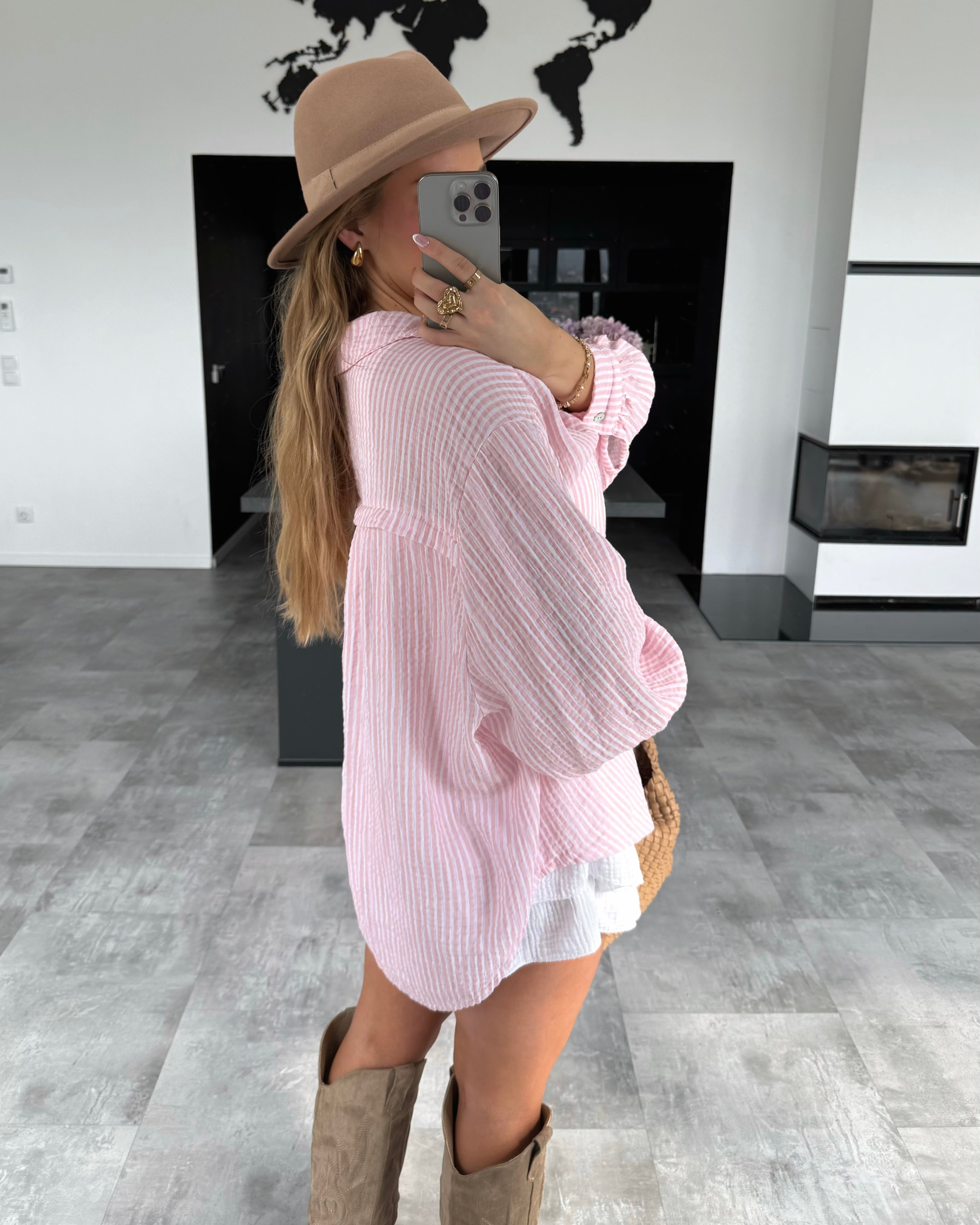 Musselin Bluse "Stripes" Kurz Rosa