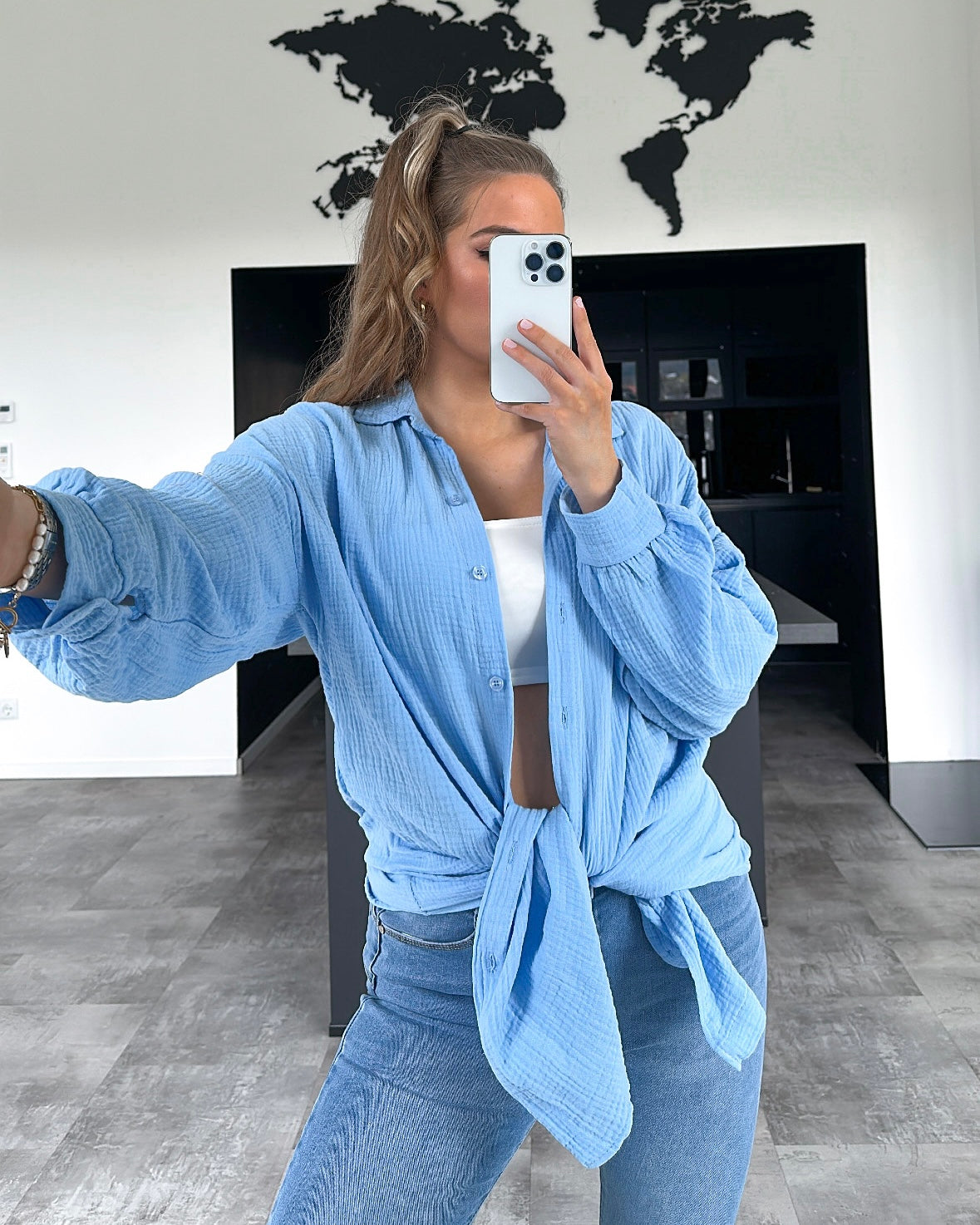 Musselin Bluse "Alissa" Lang Hellblau