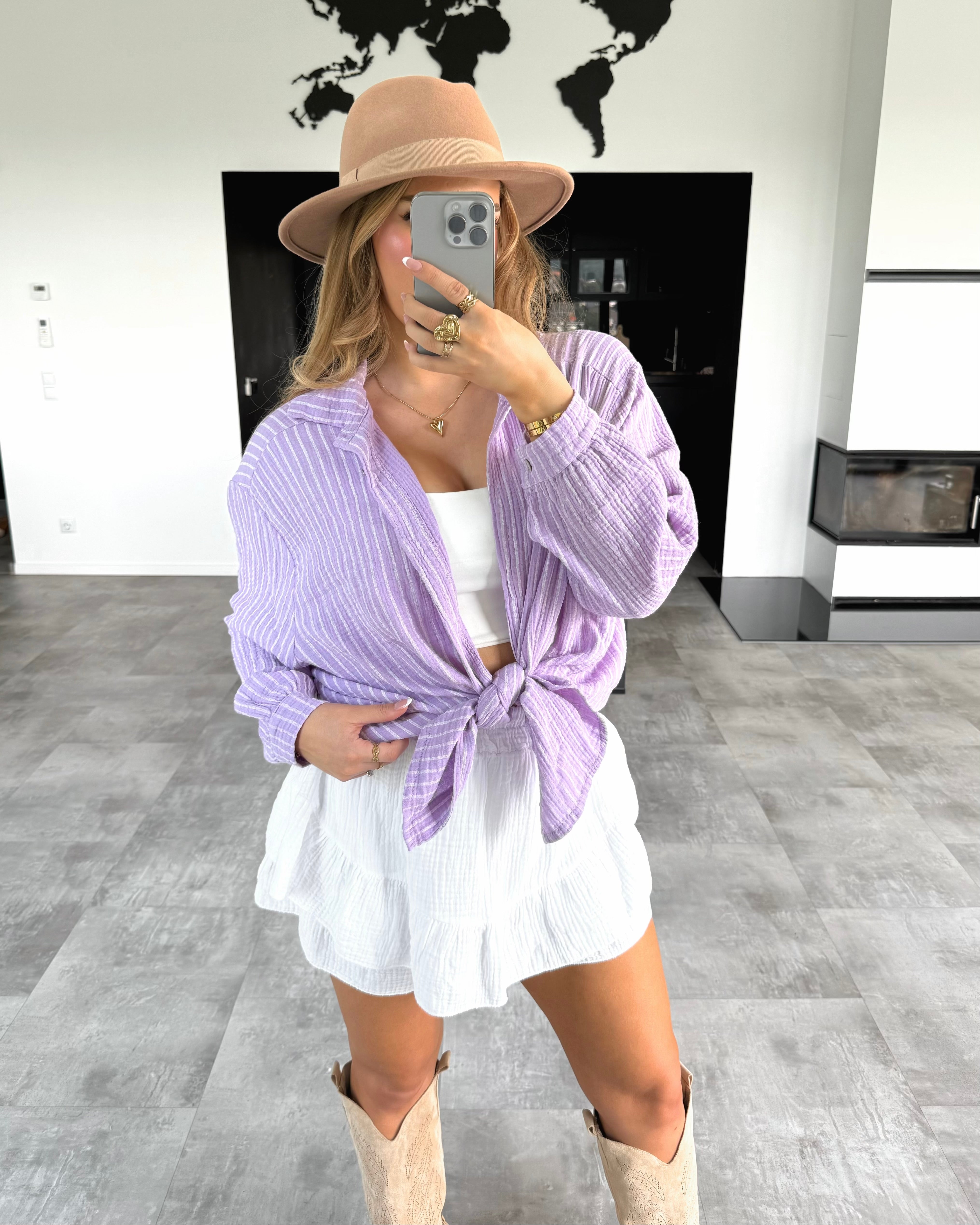 Musselin Bluse "Stripes" Kurz Flieder