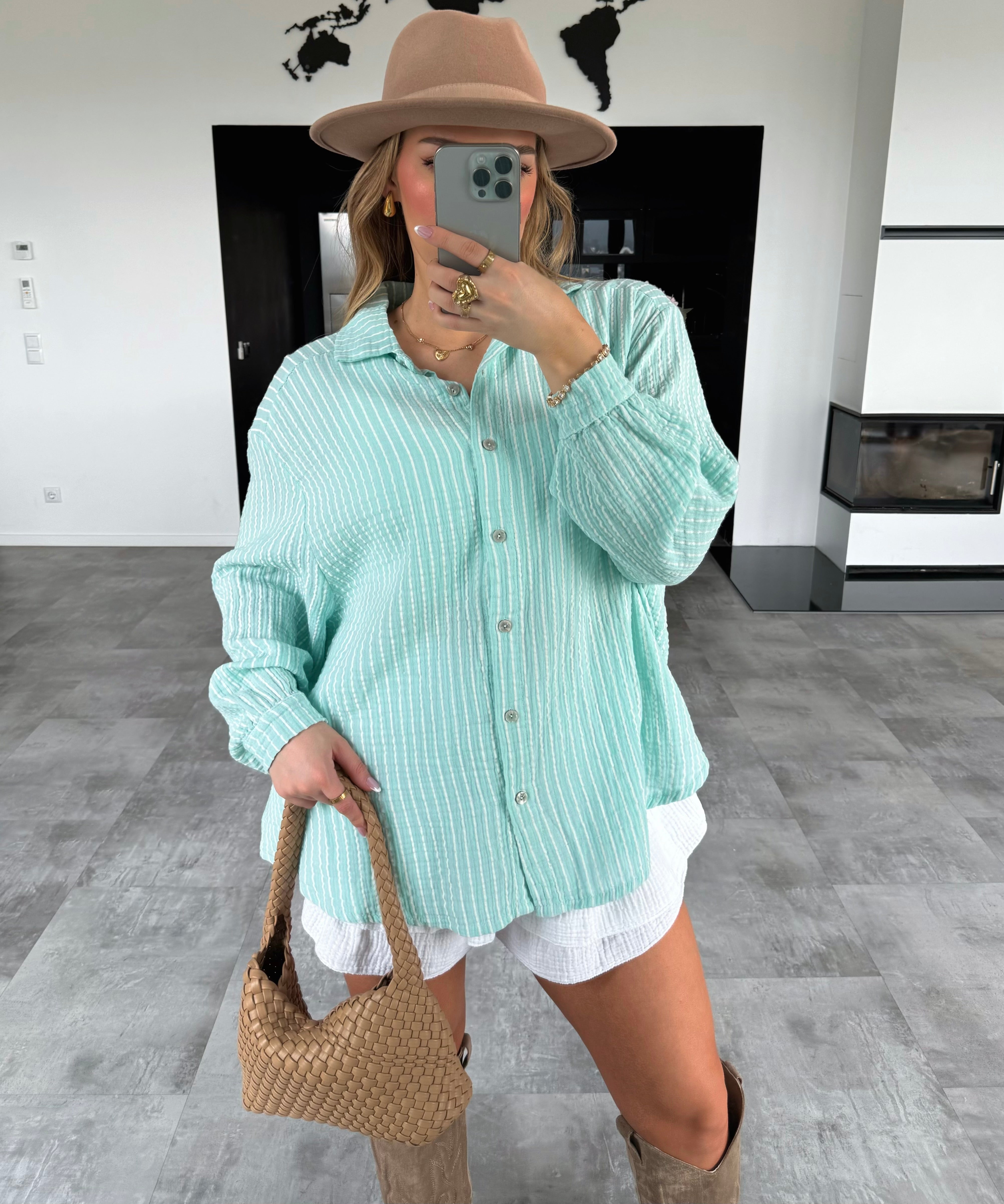 Musselin Bluse "Stripes" Kurz Mint