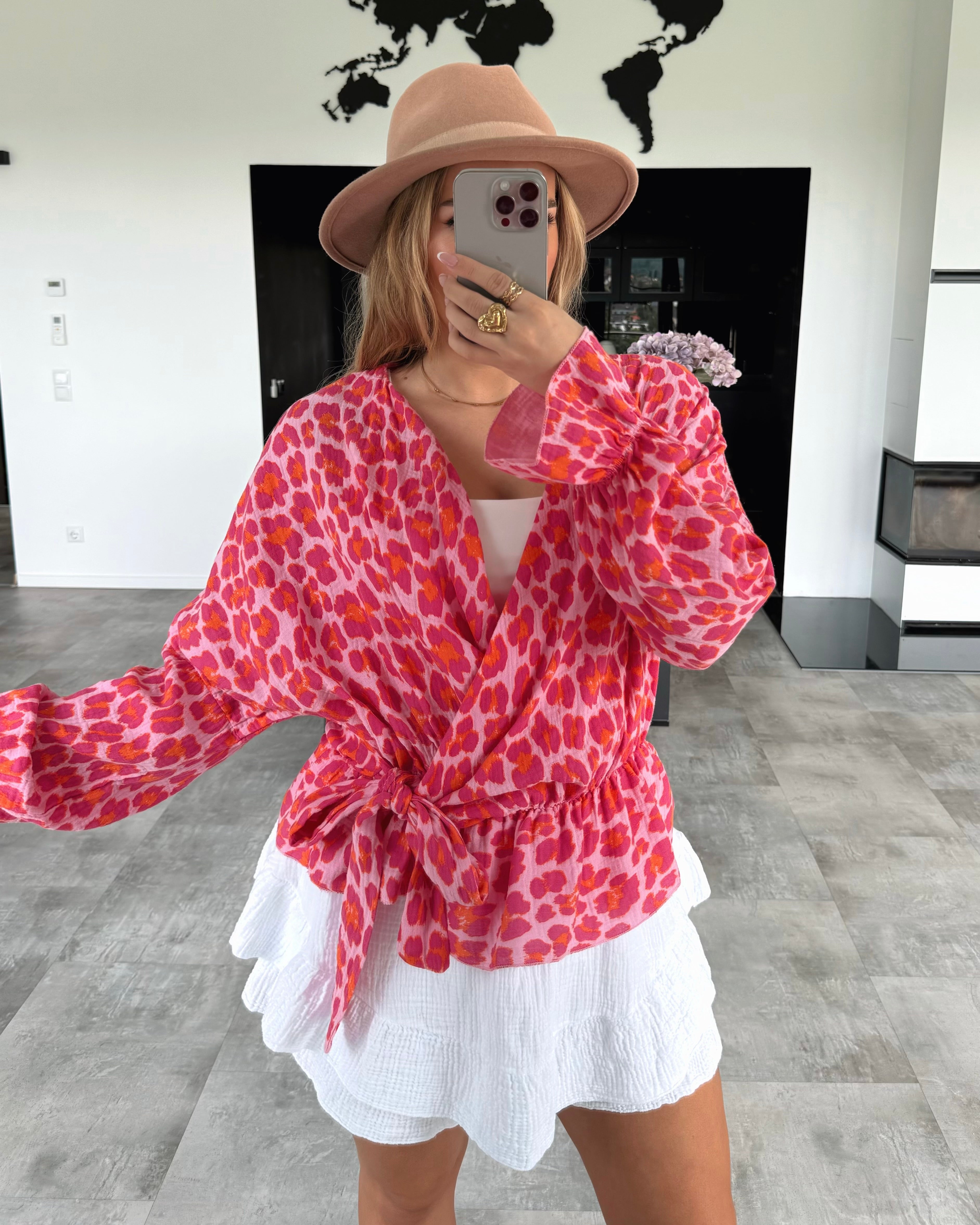 Musselin Wickel-Bluse "Nessi" Leo Pink-Orange
