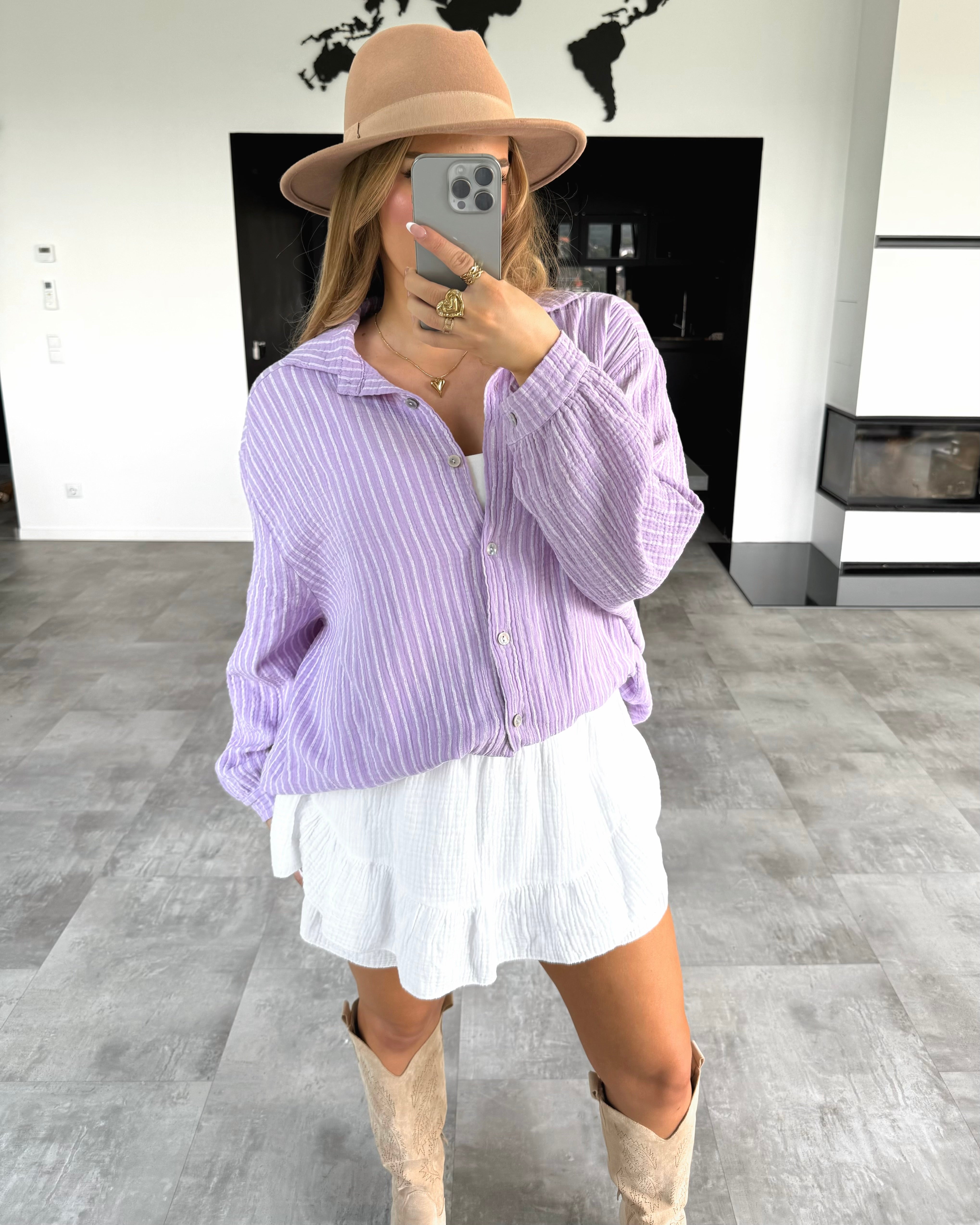 Musselin Bluse "Stripes" Kurz Flieder