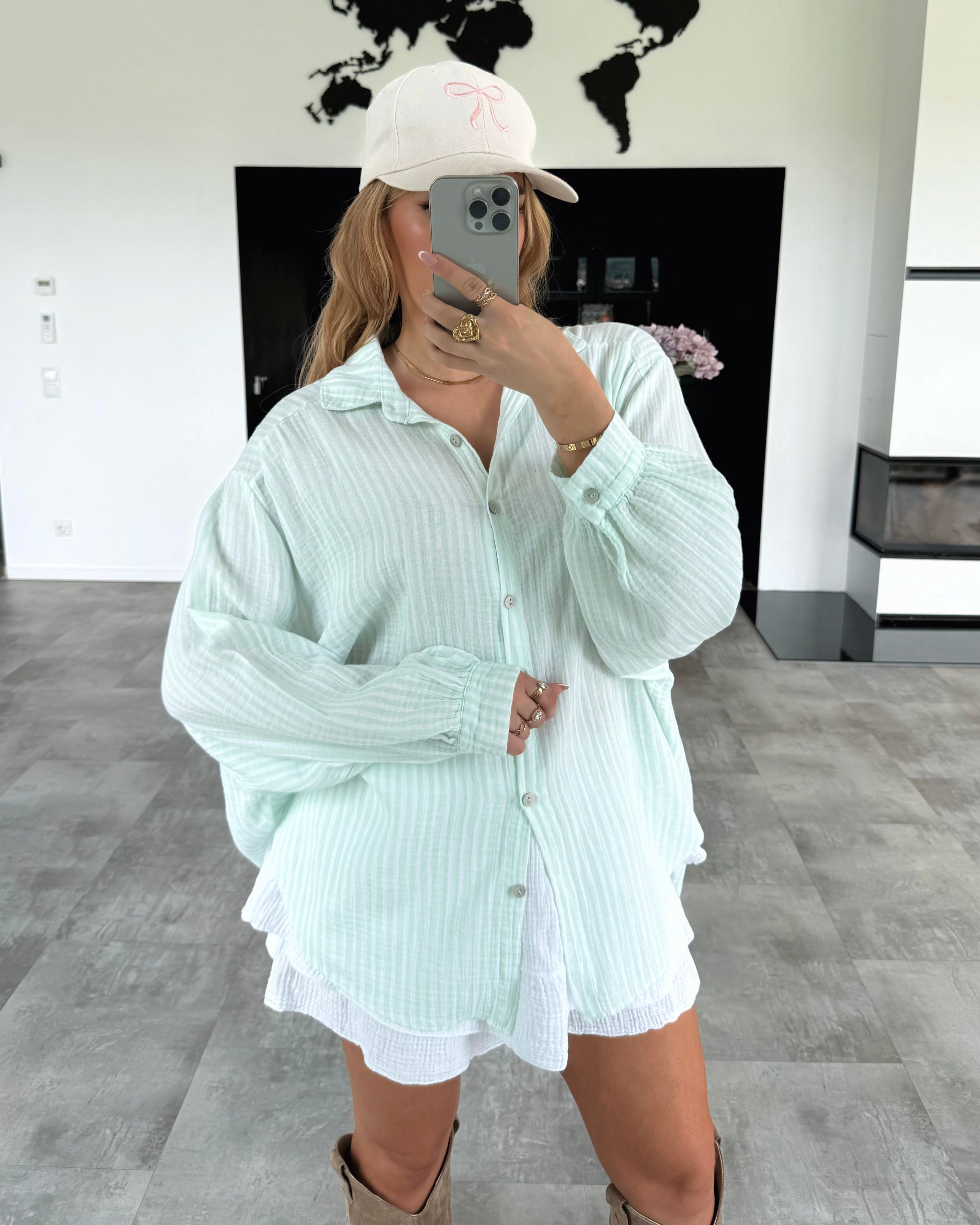 Musselin Bluse "Stripes" Kurz Hellgrün