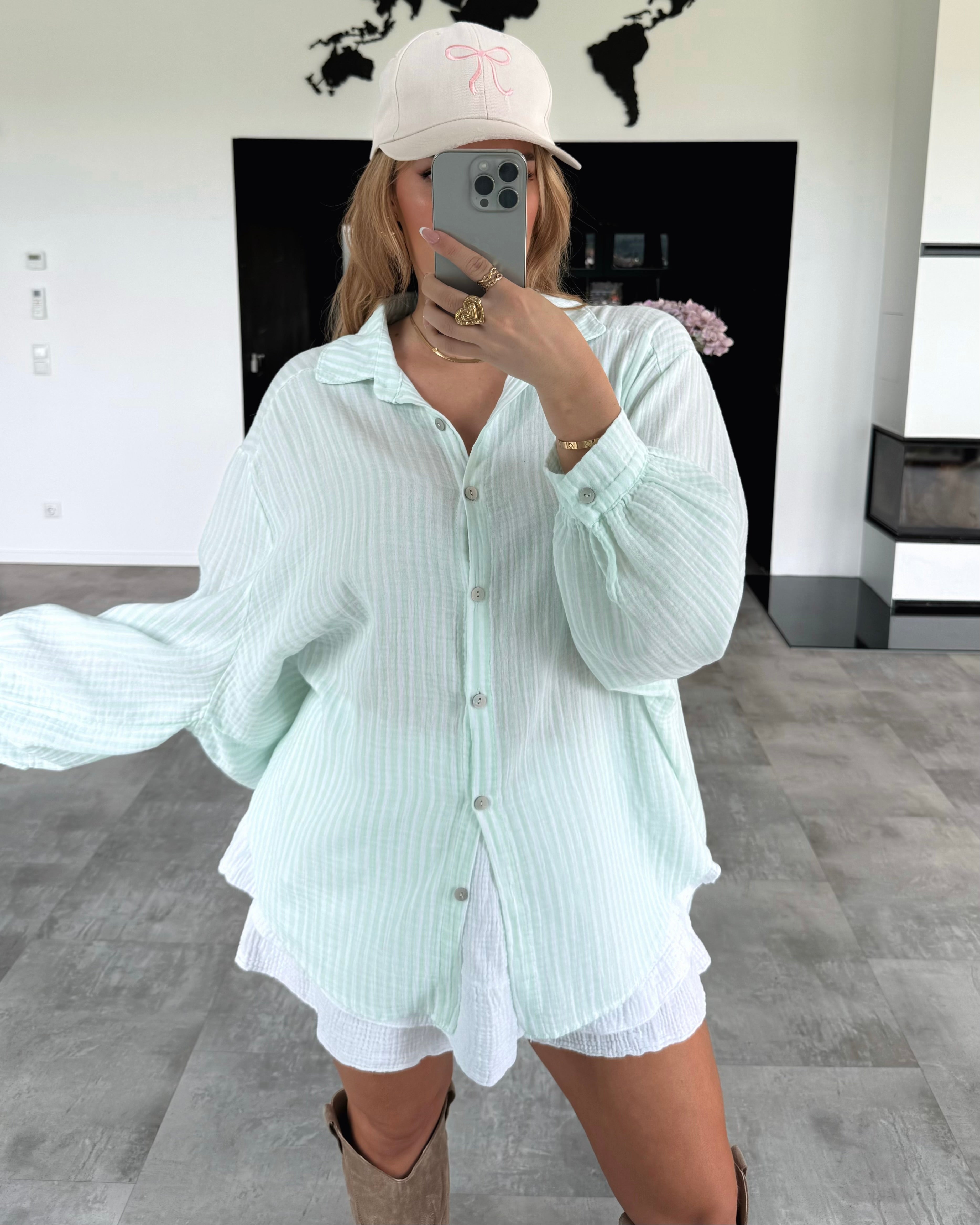 Musselin Bluse "Stripes" Kurz Hellgrün