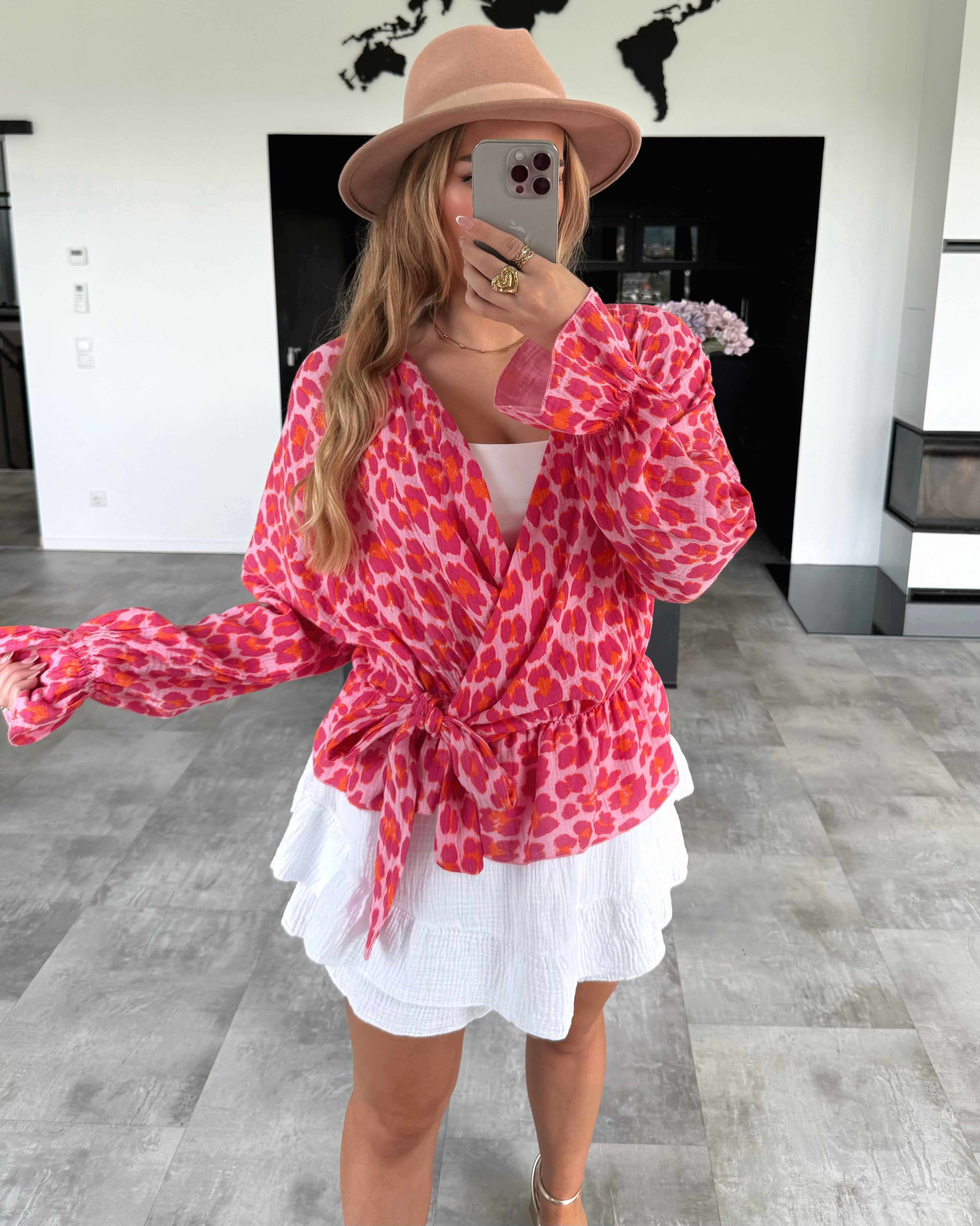 Musselin Wickel-Bluse "Nessi" Leo Pink-Orange