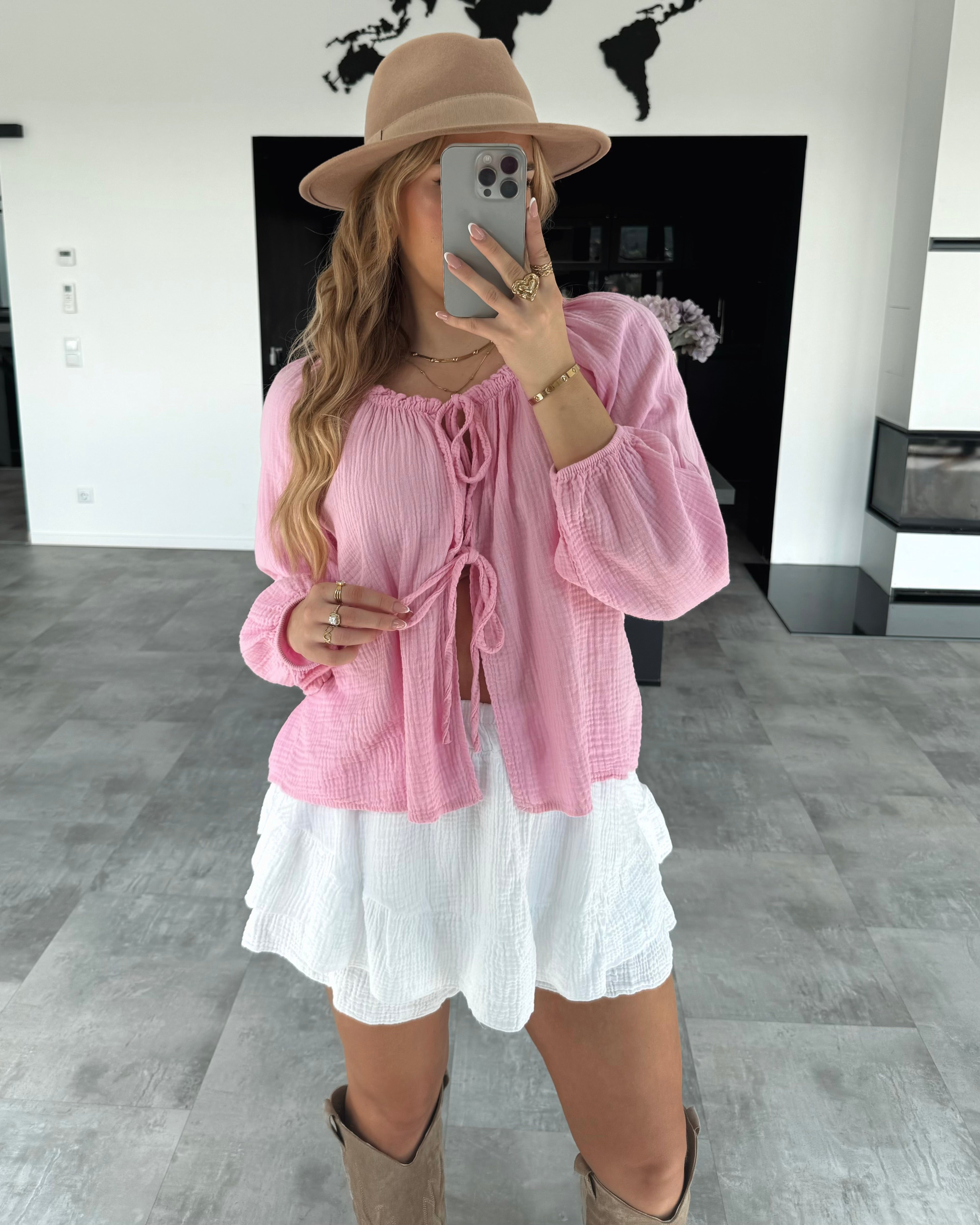 Musselin Knoten-Bluse "Kristin" Bubblegum Rosa