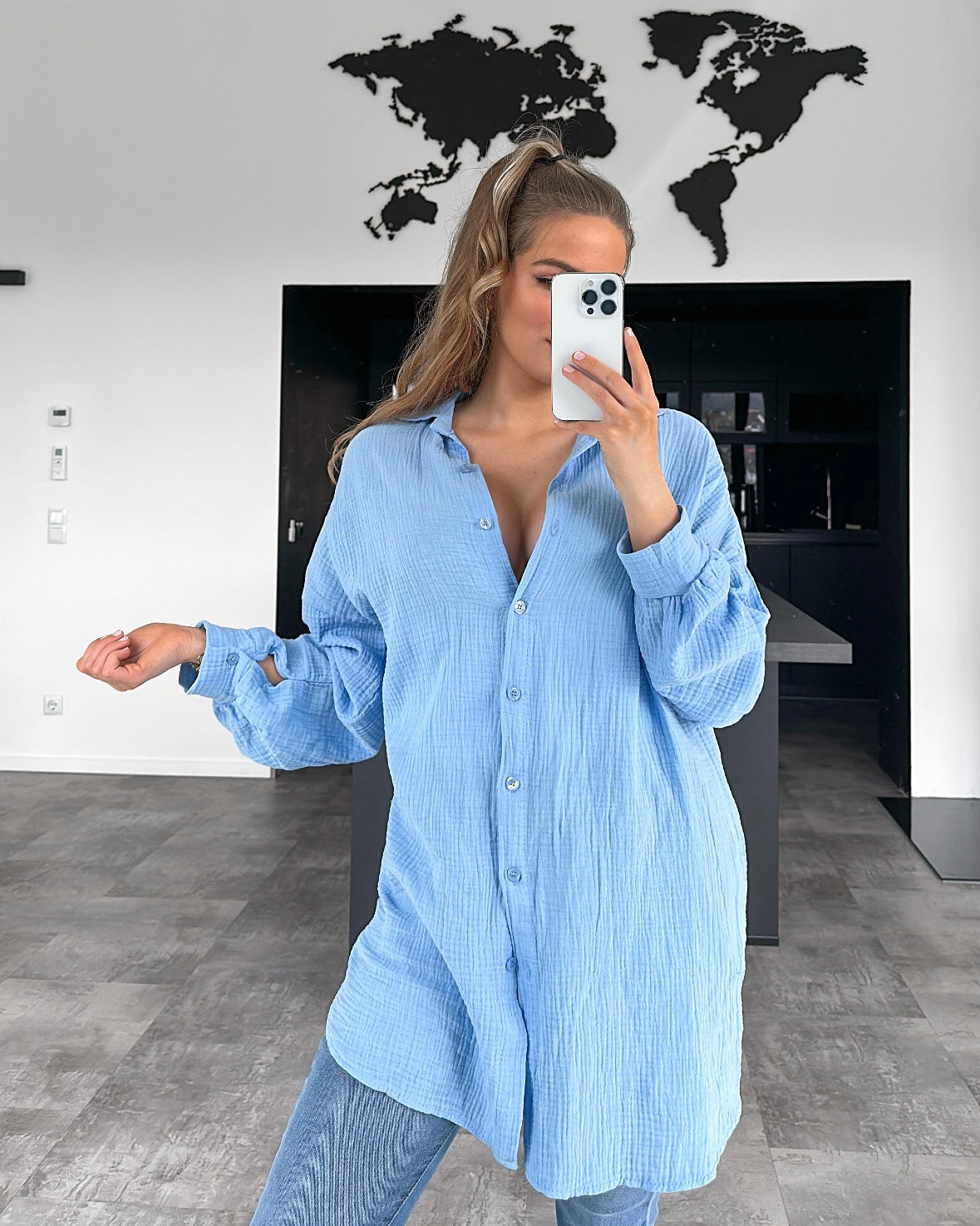 Musselin Bluse "Alissa" Lang Hellblau