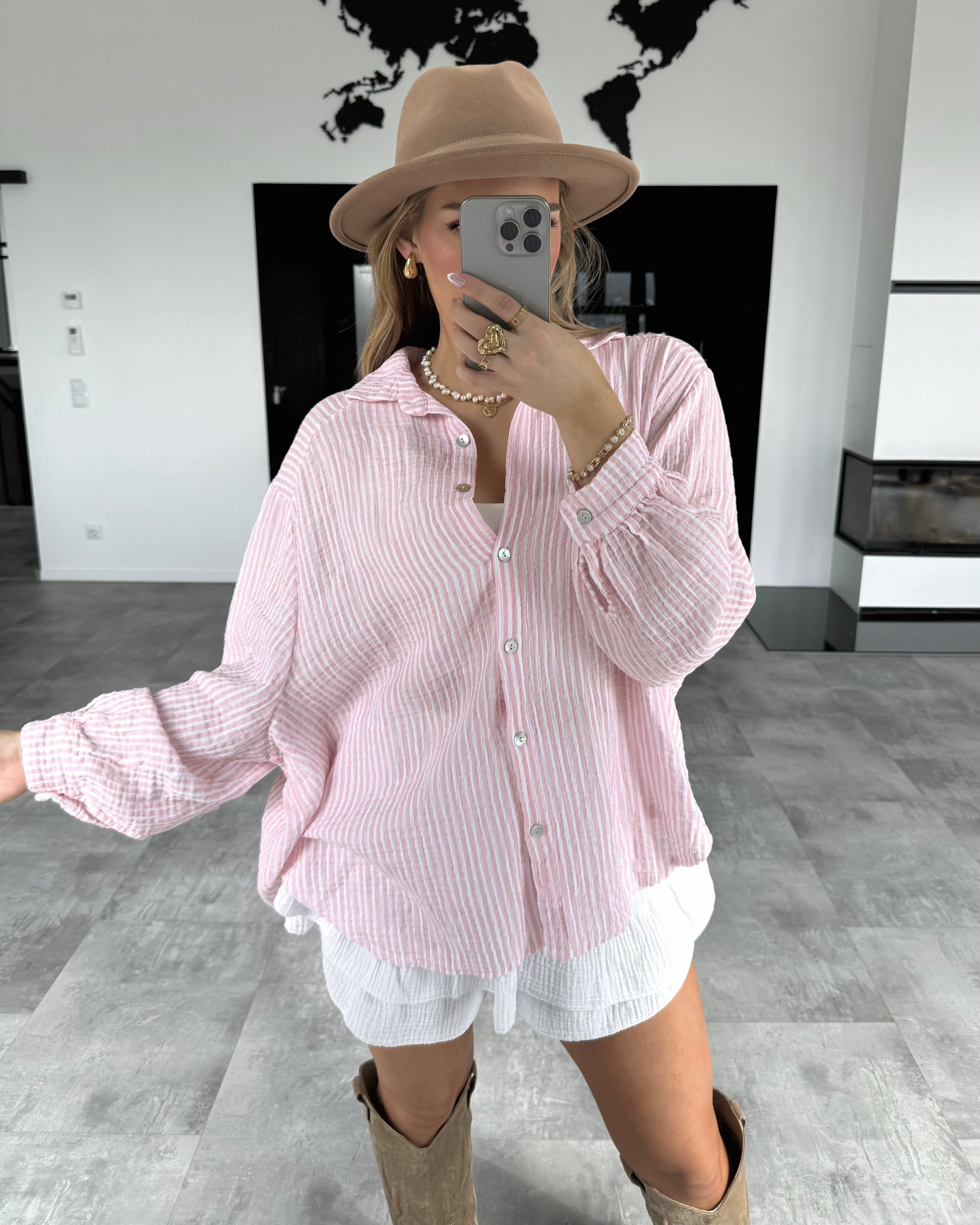 Musselin Bluse "Stripes" Kurz Rosa