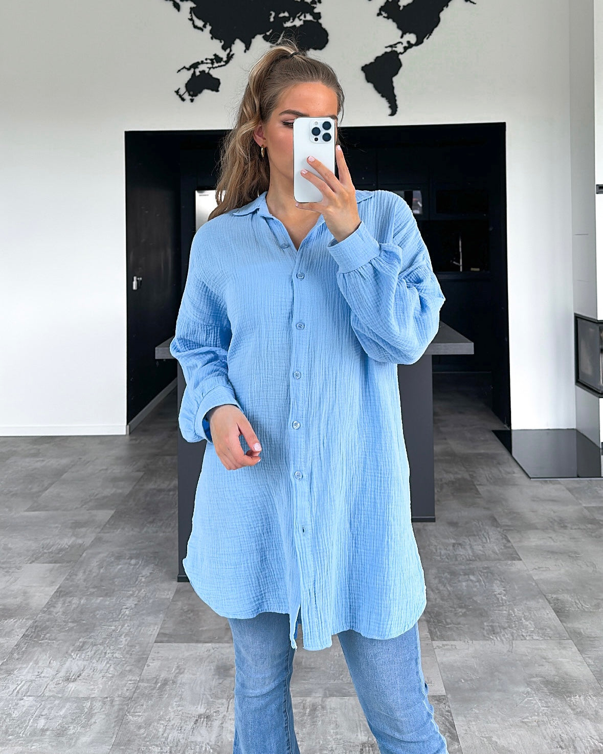 Musselin Bluse "Alissa" Lang Hellblau
