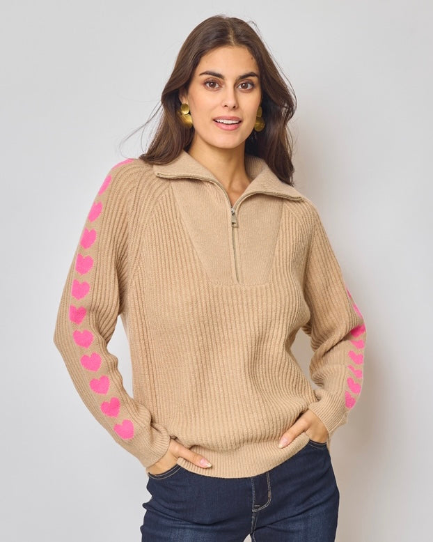 Pullover "Hearts" mit Zipper Toffee