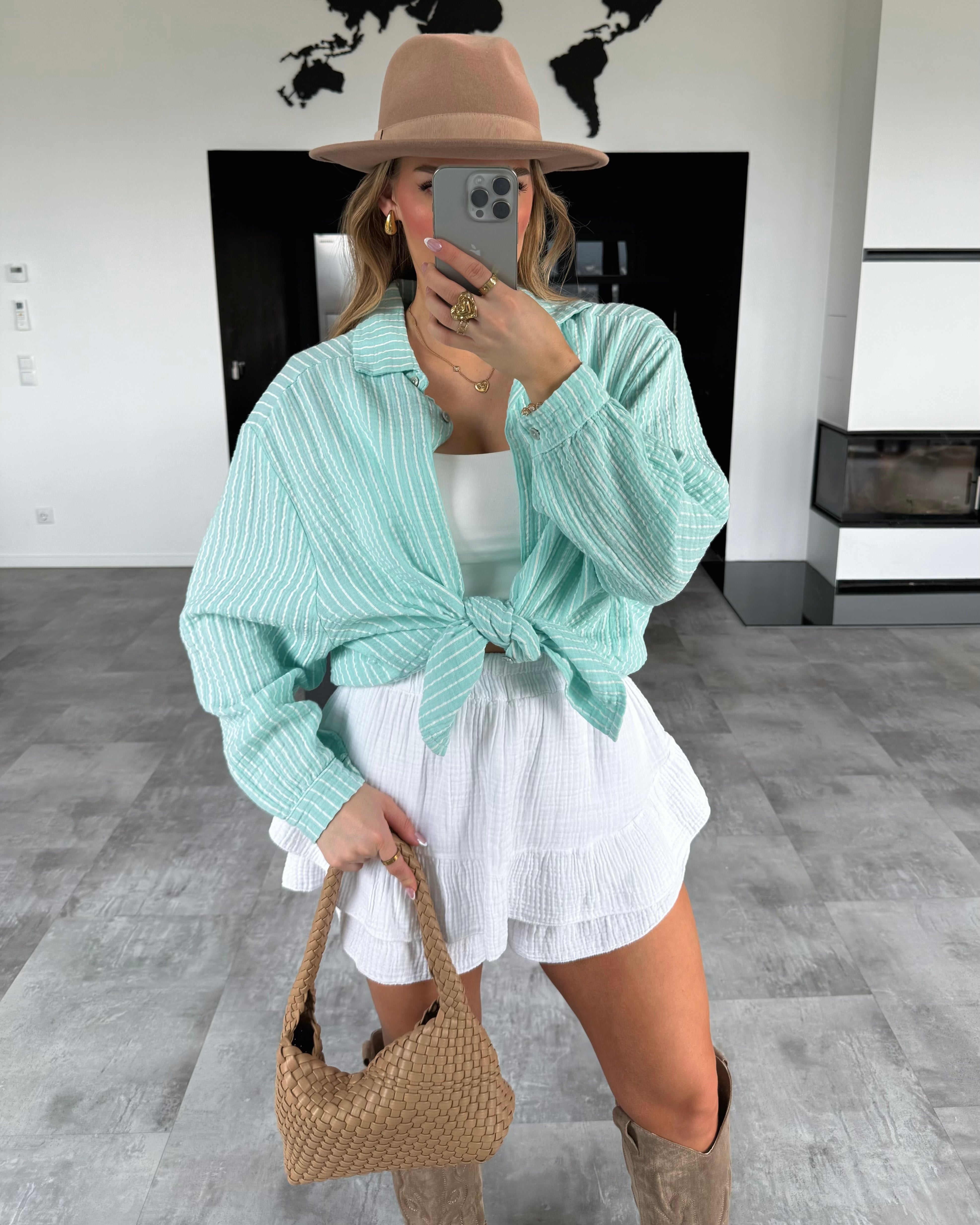 Musselin Bluse "Stripes" Kurz Mint