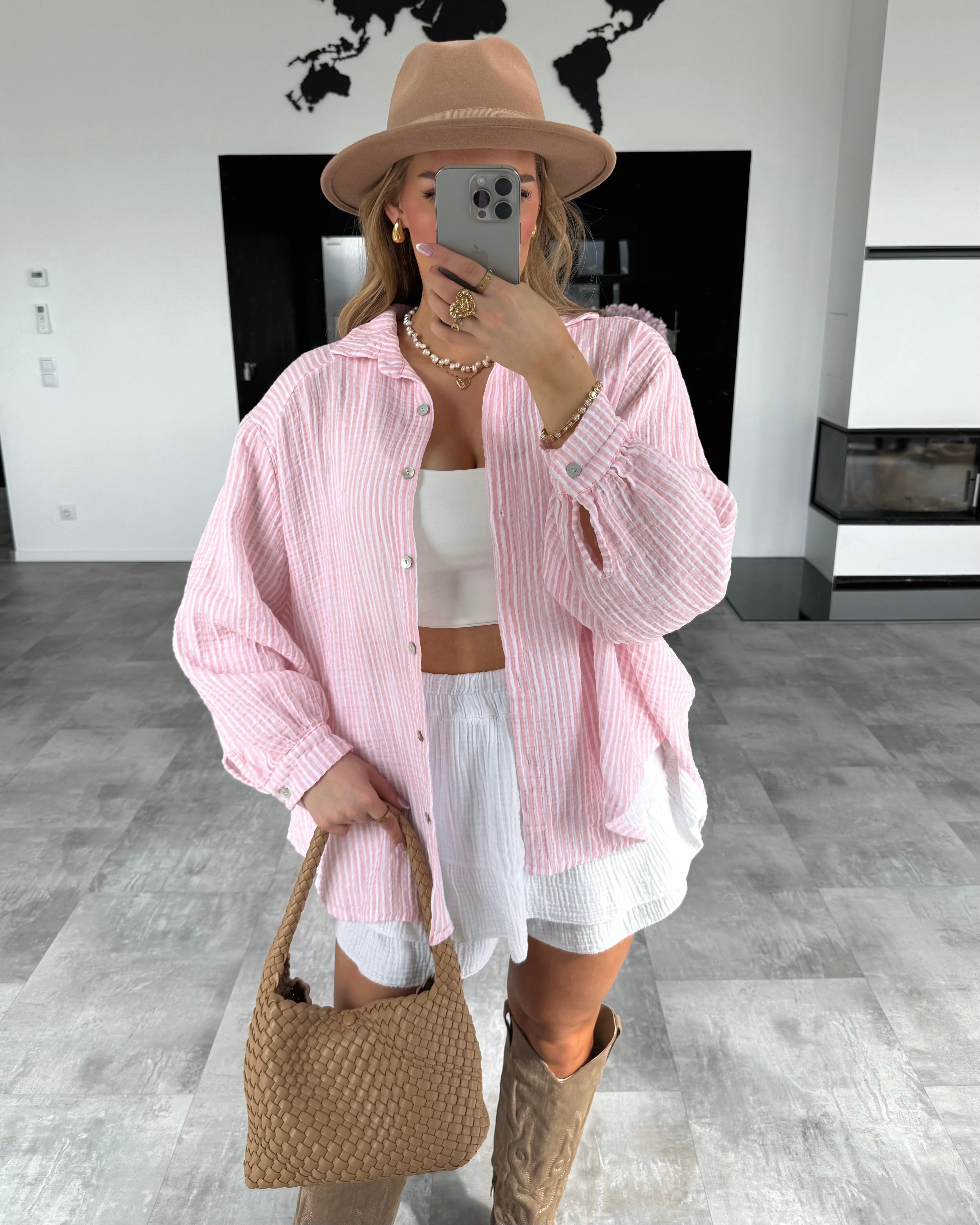 Musselin Bluse "Stripes" Kurz Rosa