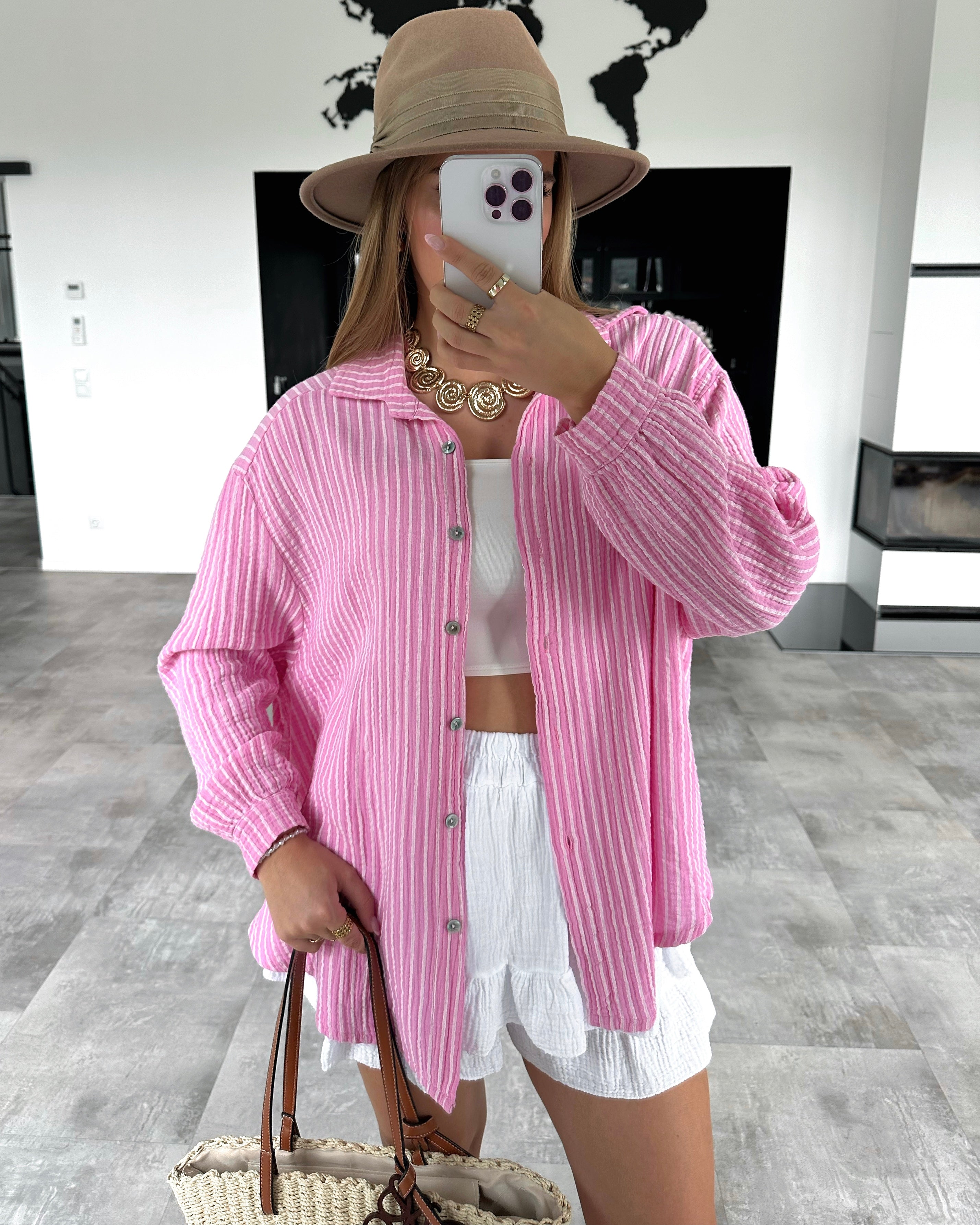 Musselin Bluse "Stripes" Kurz Bubblegum Rosa