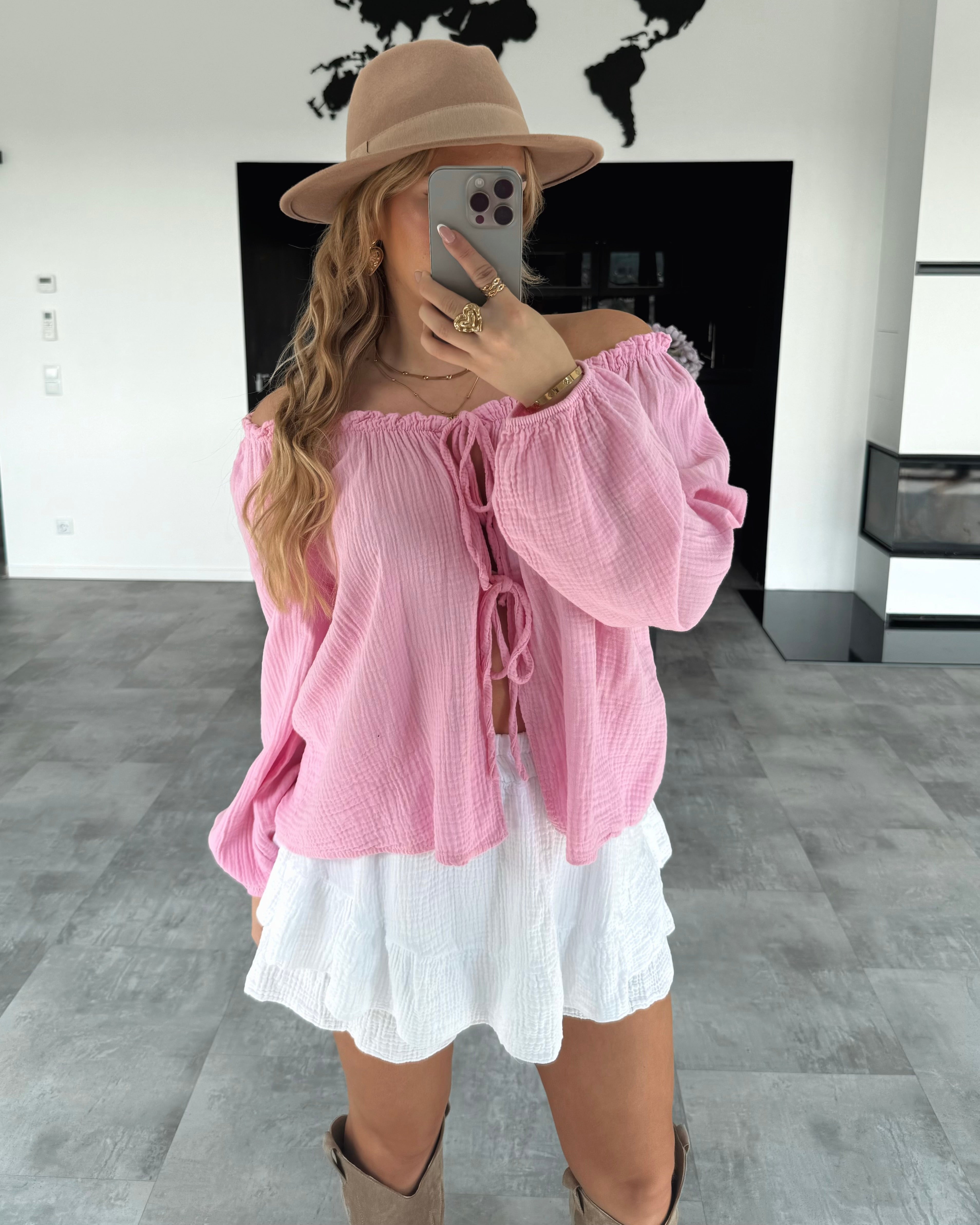 Musselin Knoten-Bluse "Kristin" Bubblegum Rosa