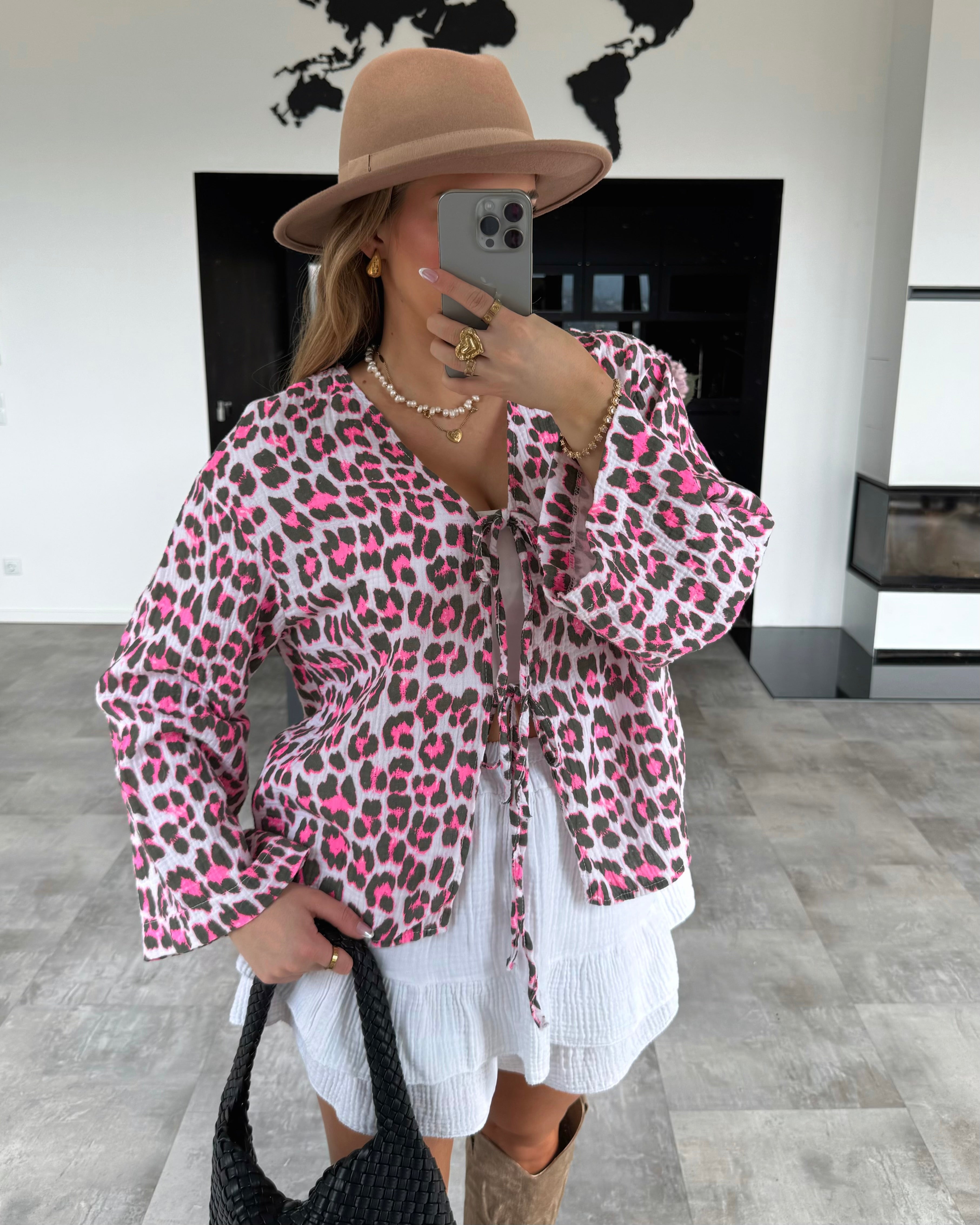 Musselin Knoten-Bluse "Savannah" Leoprint Pink