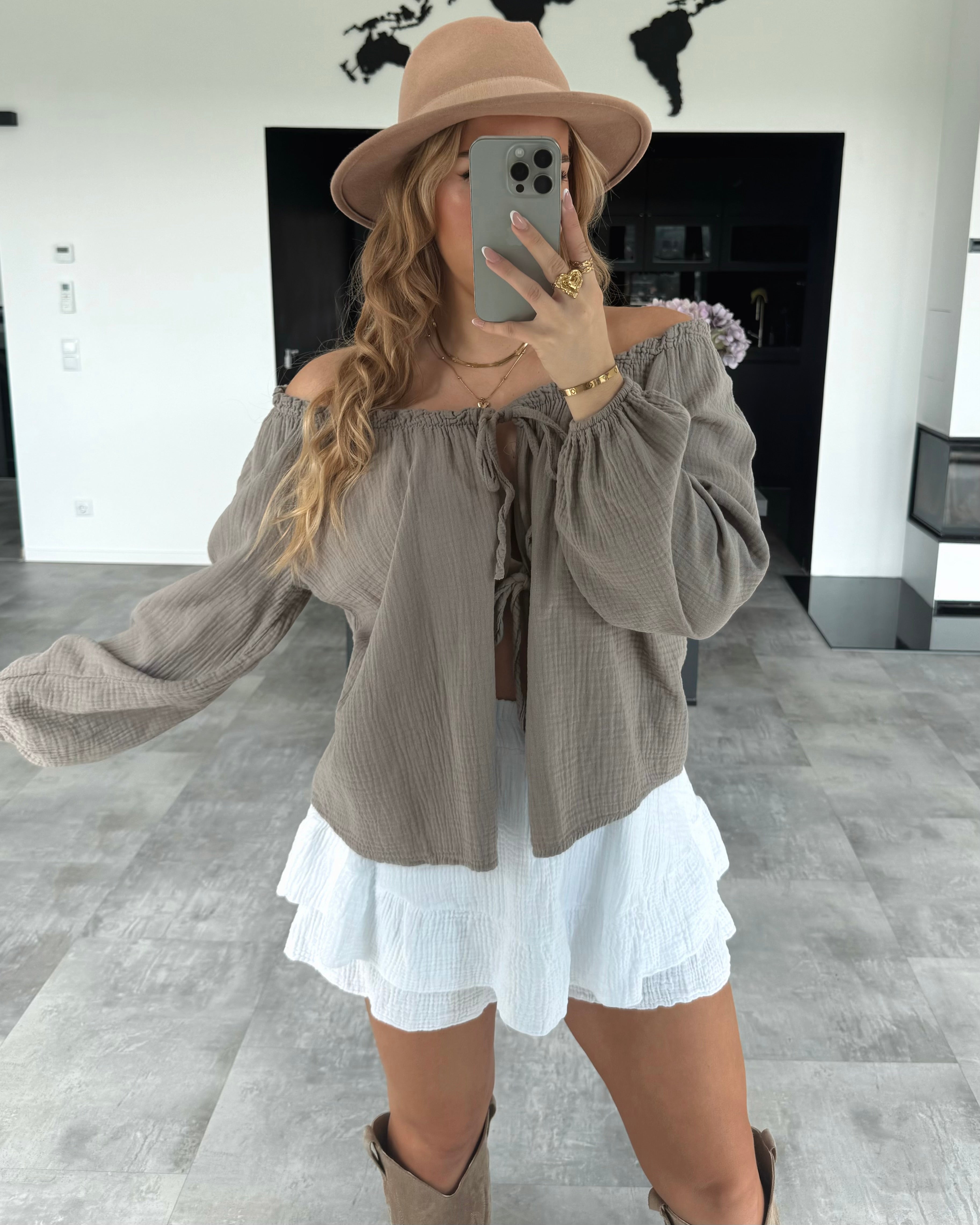 Musselin Knoten-Bluse "Kristin" Taupe