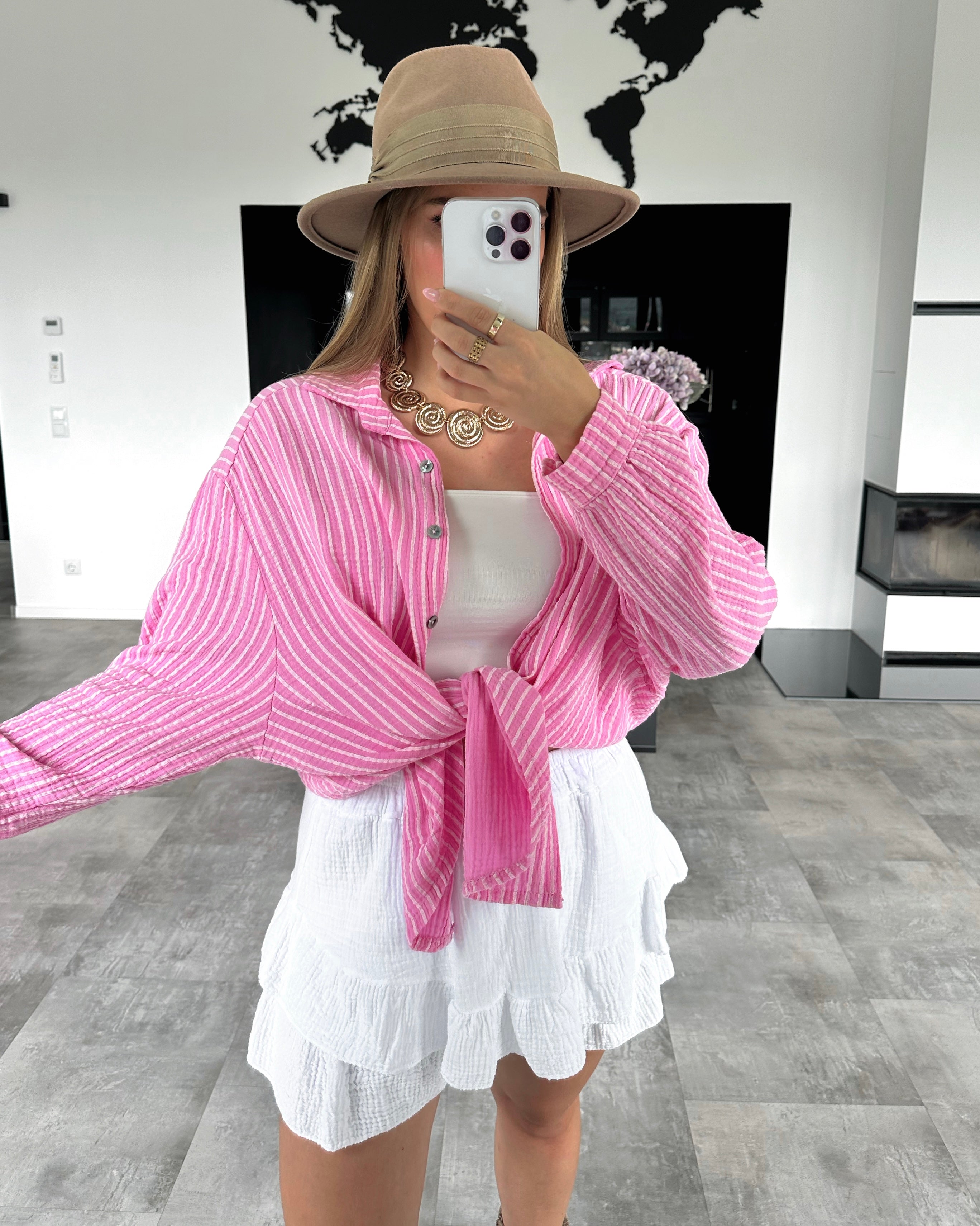 Musselin Bluse "Stripes" Kurz Bubblegum Rosa