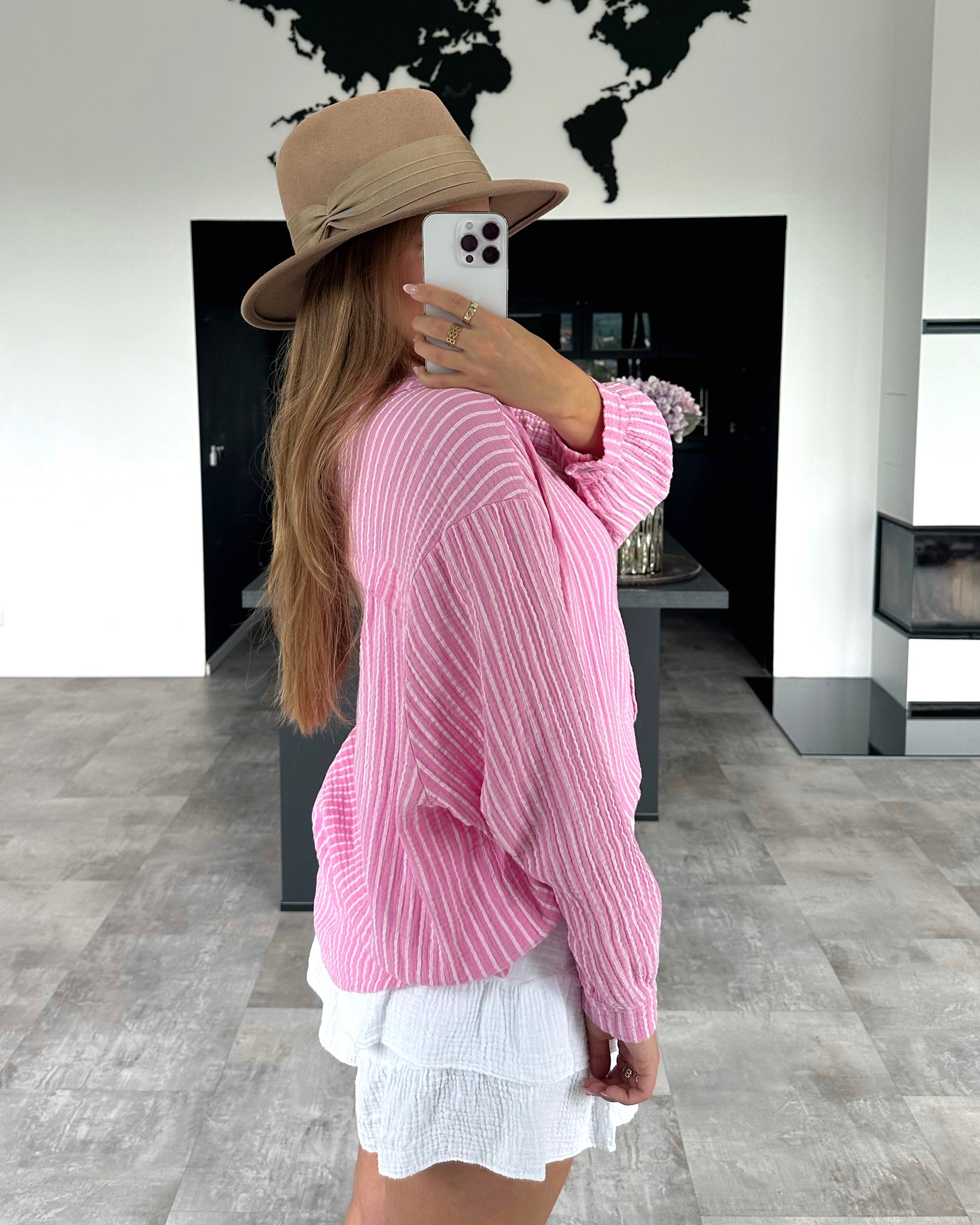 Musselin Bluse "Stripes" Kurz Bubblegum Rosa