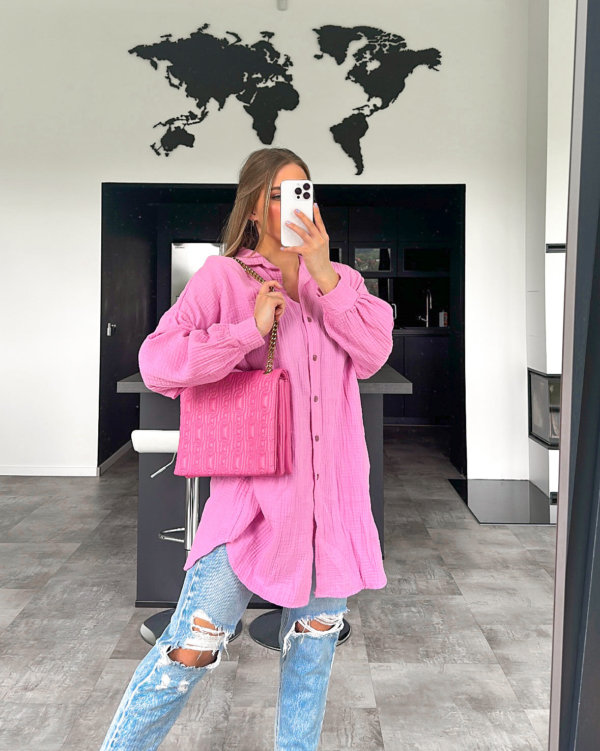 Musselin Bluse "Alissa" Lang Bubblegum Rosa