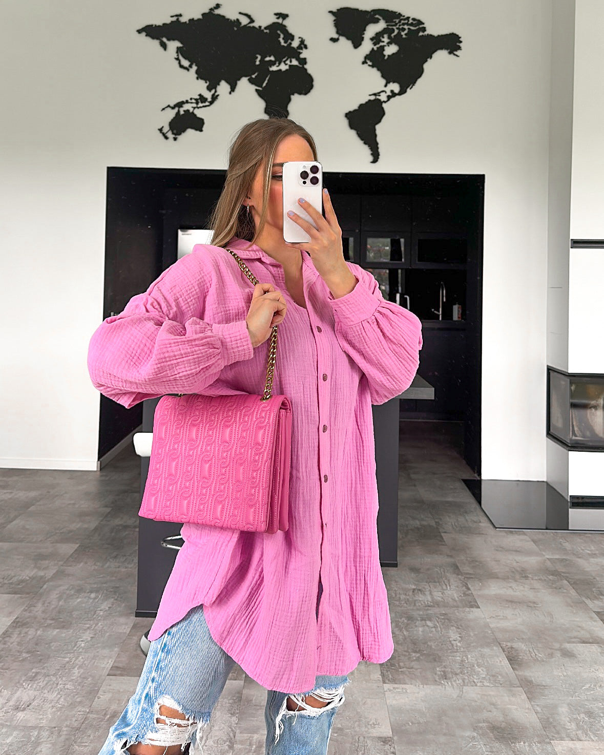 Musselin Bluse "Alissa" Lang Bubblegum Rosa