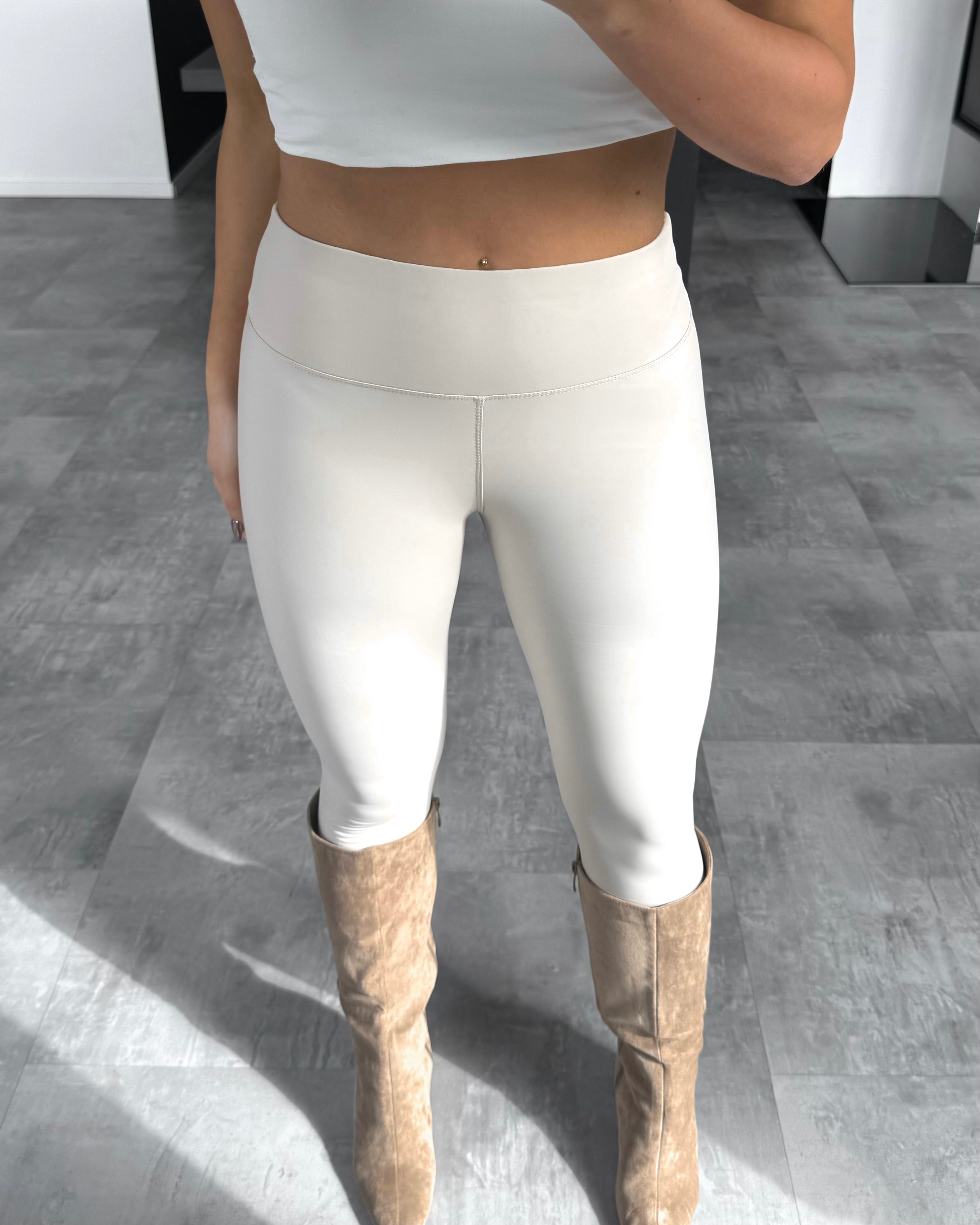 Lederleggings Gefüttert Ecru
