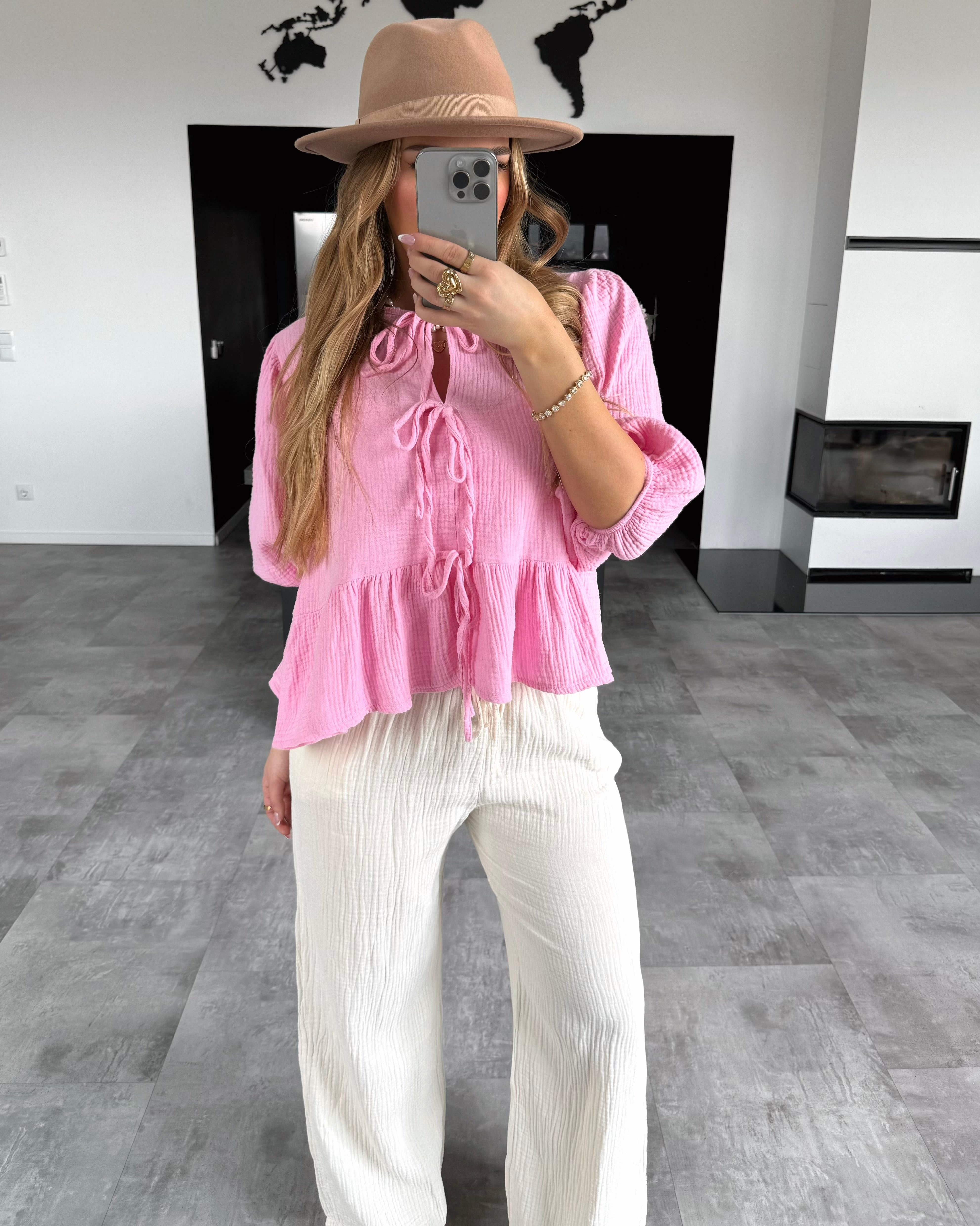 Musselin Knoten-Bluse "Leona" Bubblegum Rosa