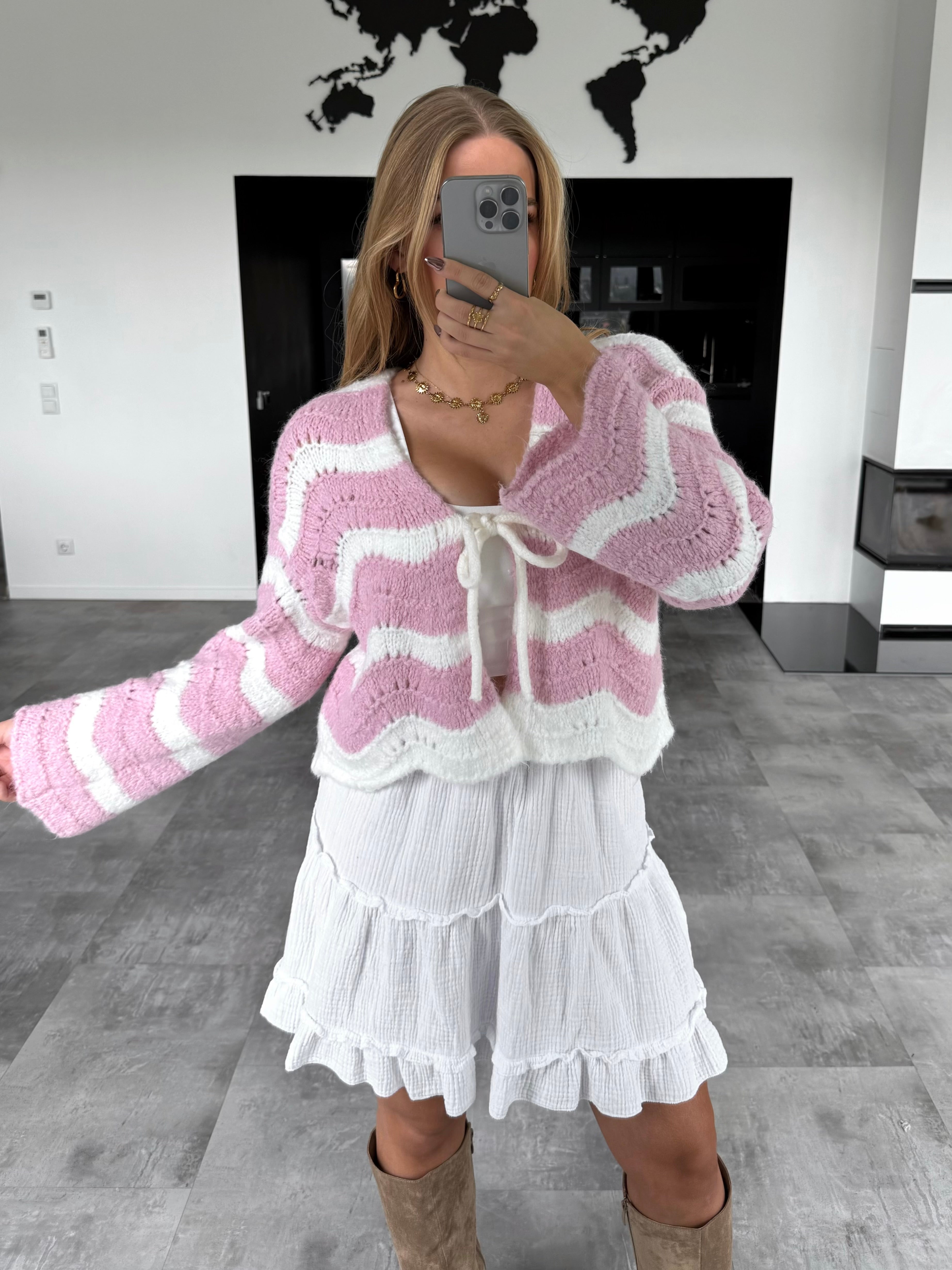 Häkelknoten-Cardigan "Lee" Rosa-Ecru