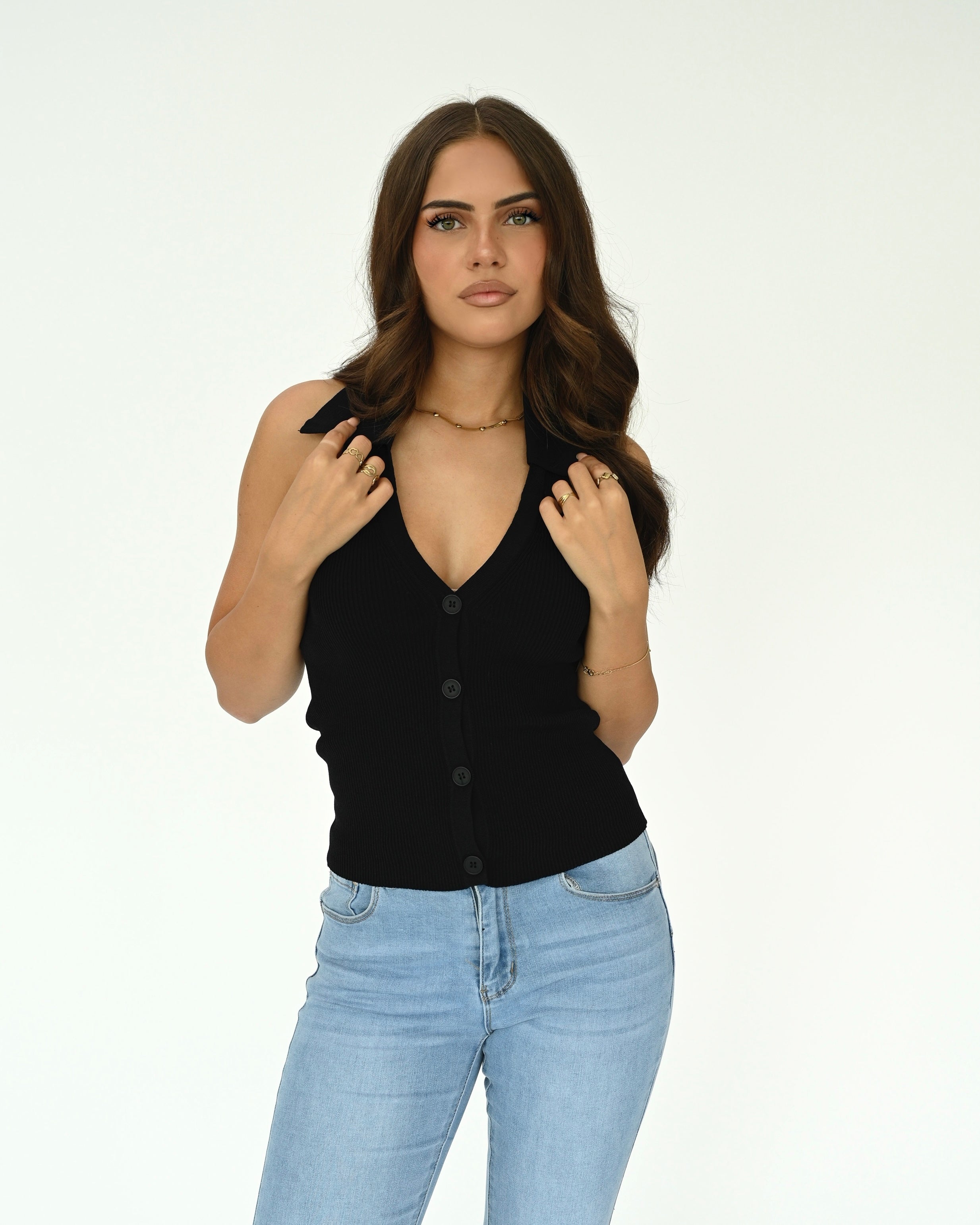 Neckholder Ripp Top mit Knopfleiste