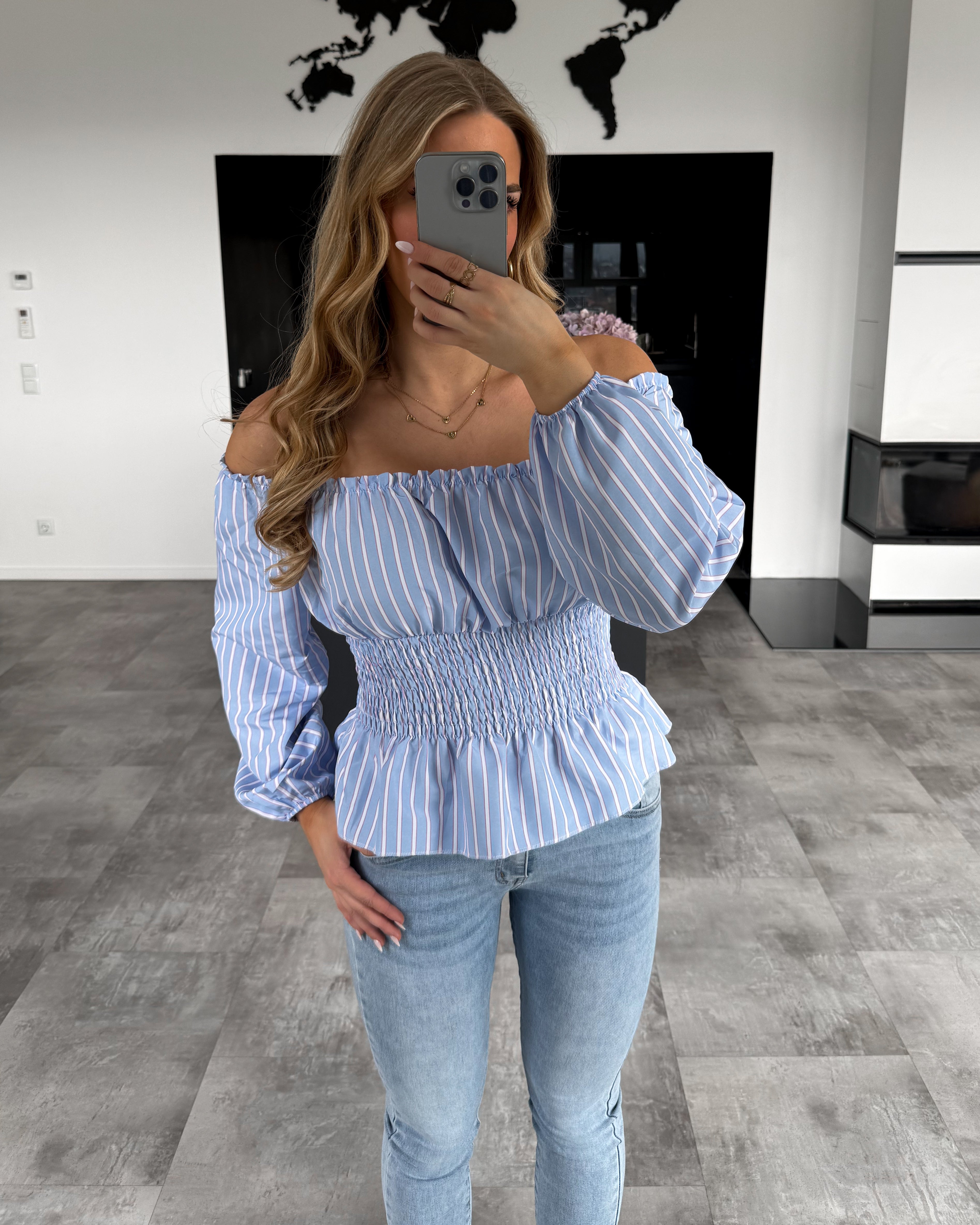 Off-Shoulder Streifen Bluse “Destina“ Hellblau
