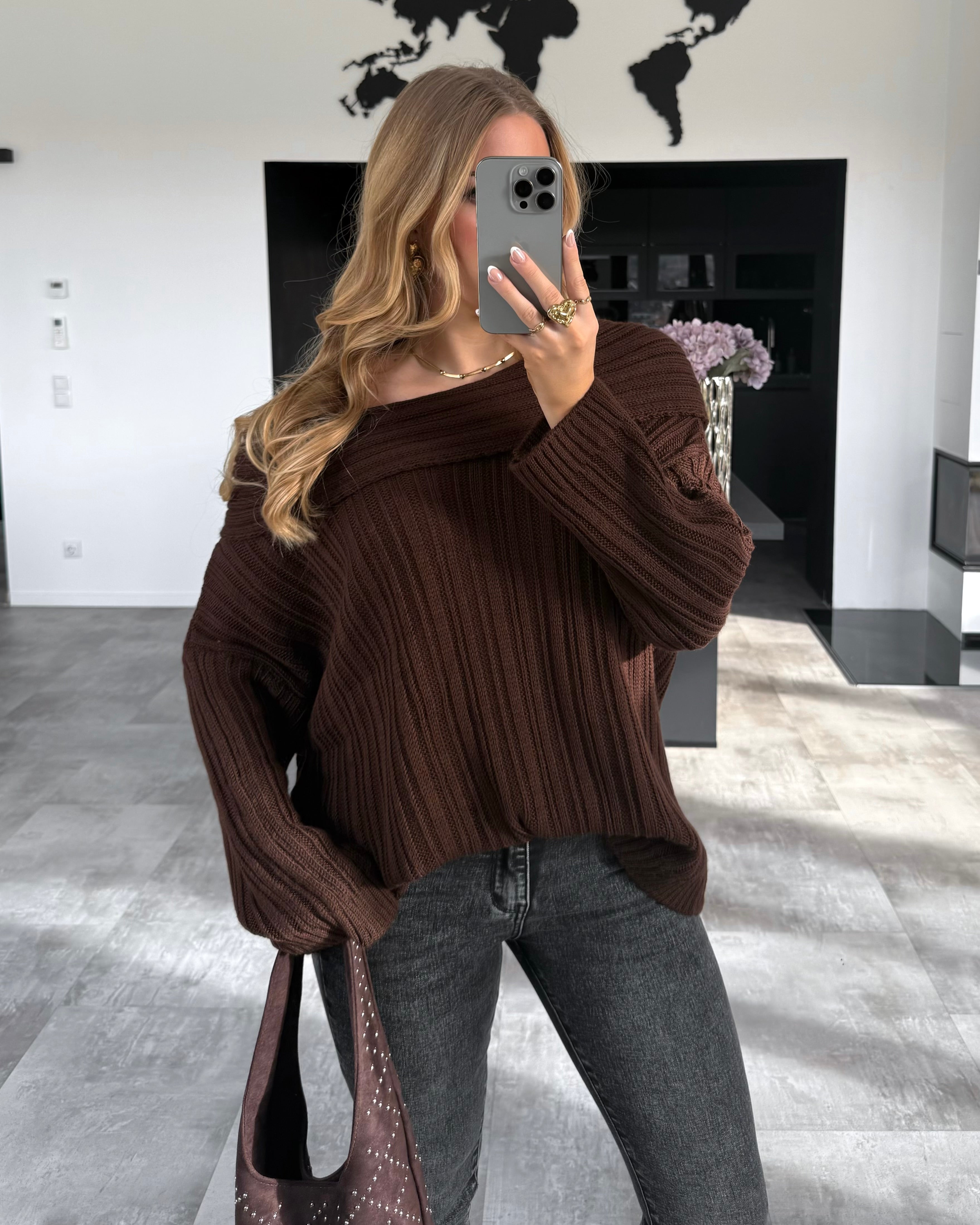 Off-Shoulder Strickpullover "Ivy" Chocolate
