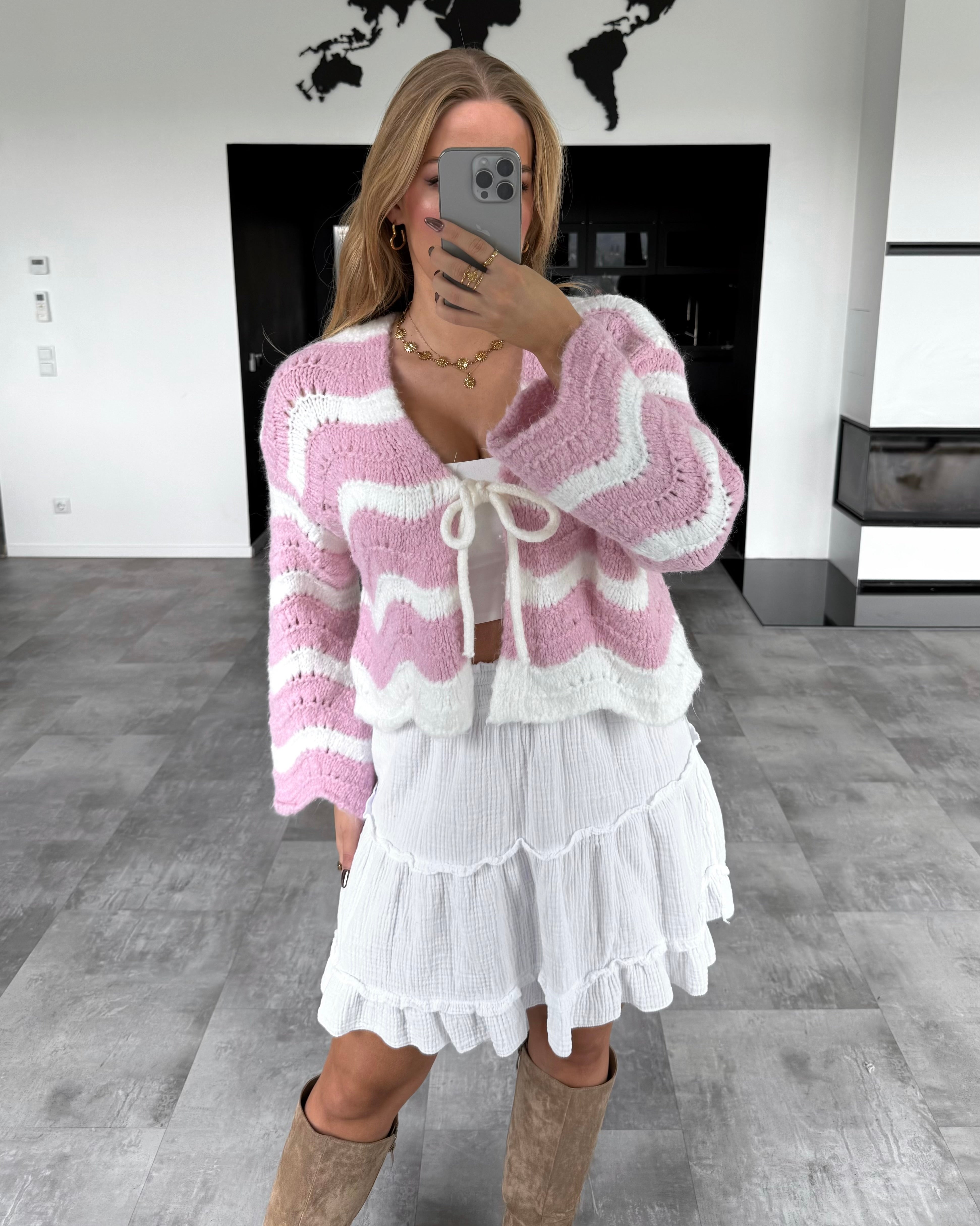 Häkelknoten-Cardigan "Lee" Rosa-Ecru
